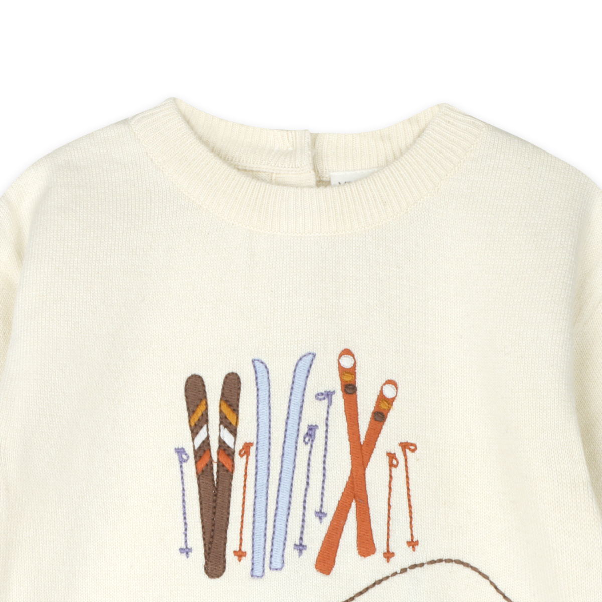 Ski Club embroidered baby knit pullover in ecru