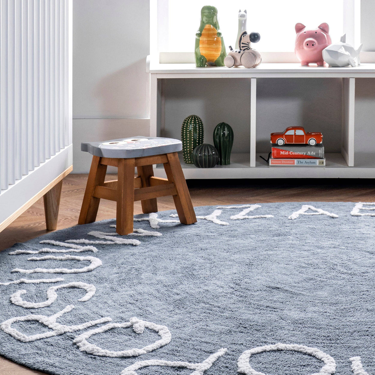 Washable Round Alphabet Rug, Blue, 6 ft