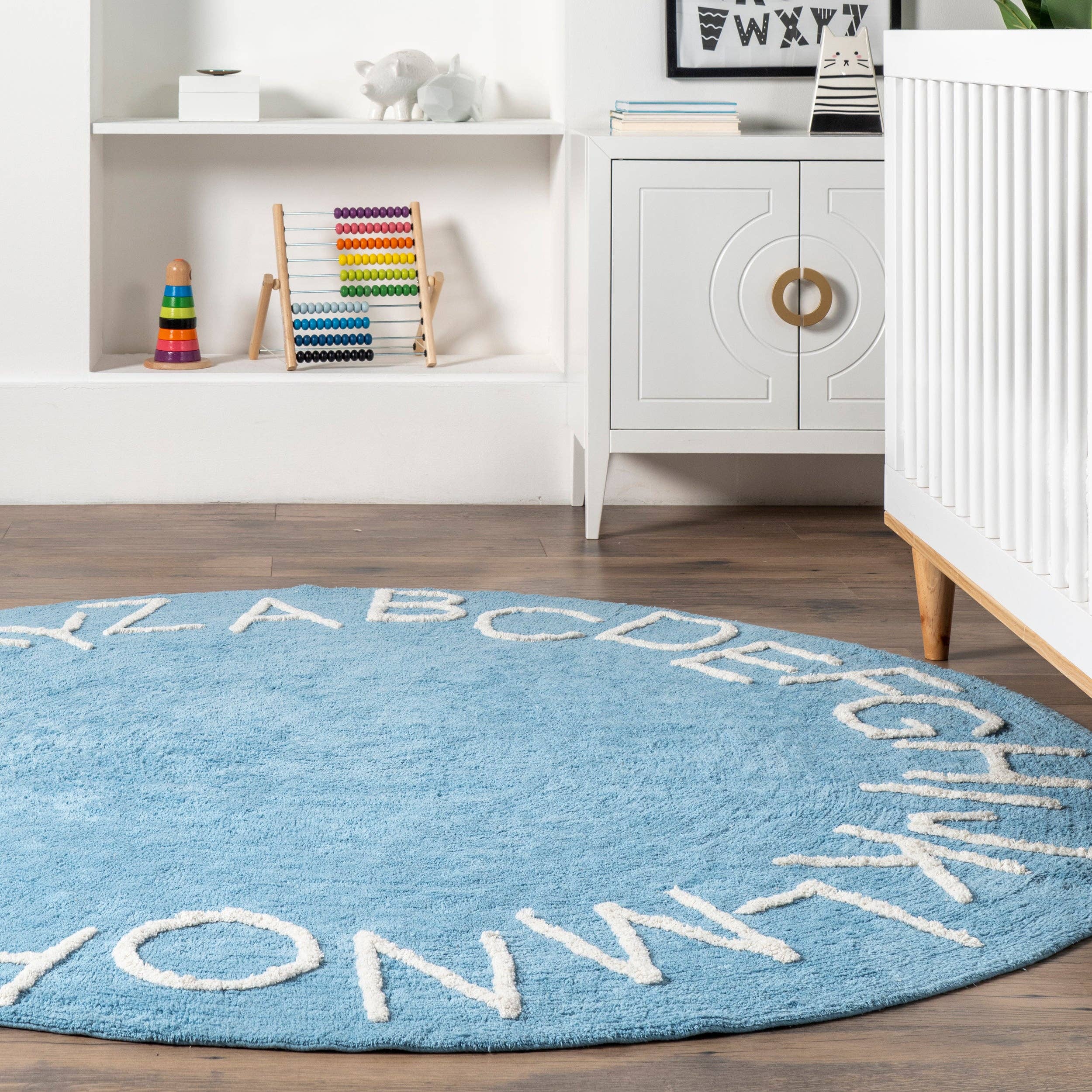 Kids Washable Round Alphabet Rug (Blue) - Round 6'