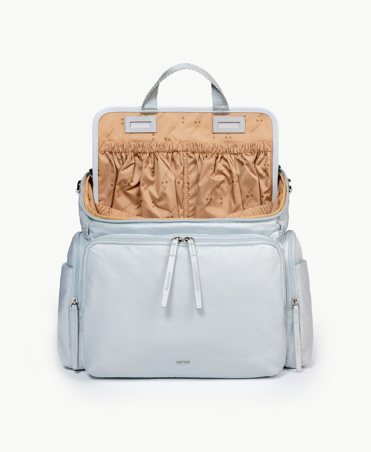 Caraa Baby Bag Large in Baby Blue, open to show the compartments