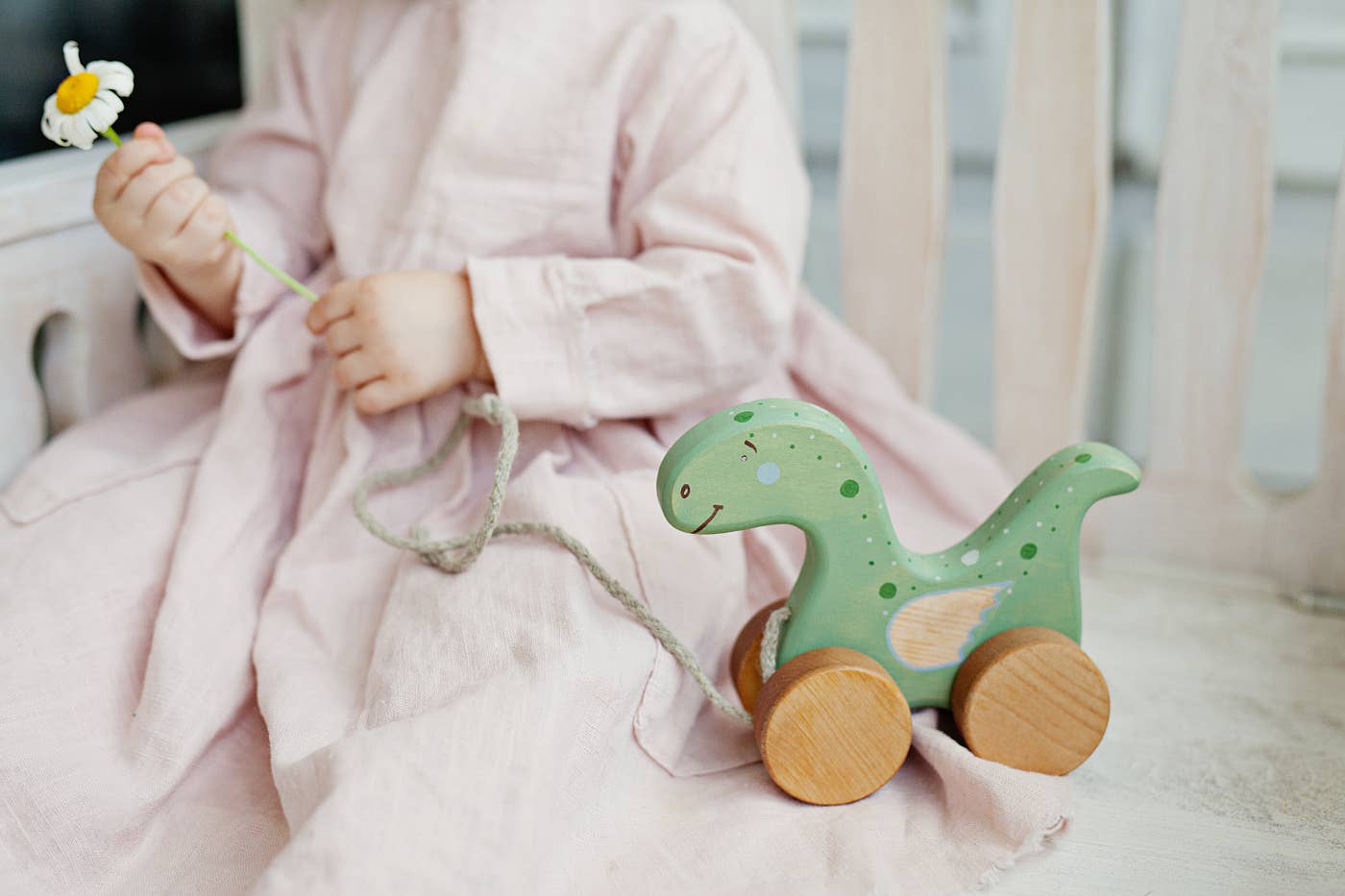 Handcrafted Birch Wood Dinosaur Pull Toy