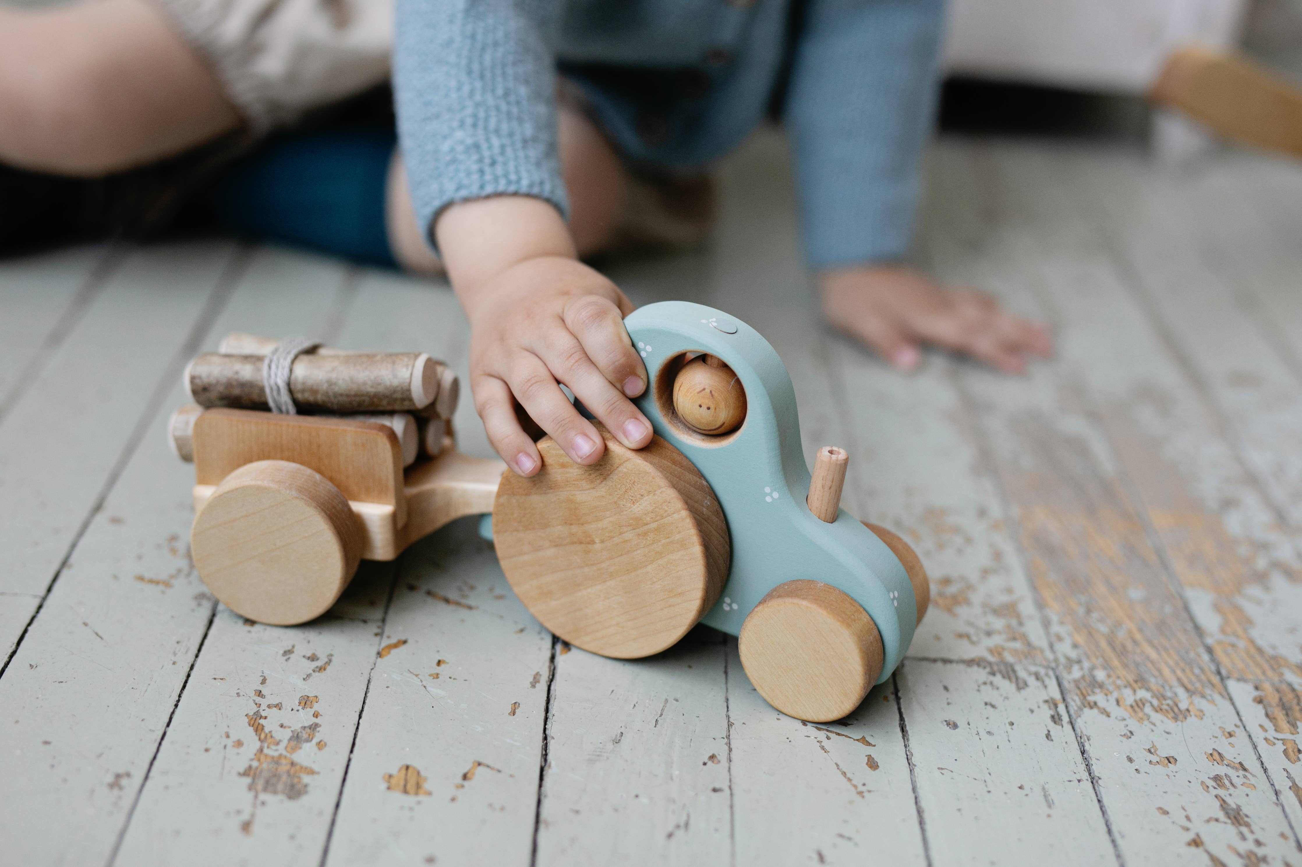 Handmade Wooden Toy, a Tractor: Moody Blue