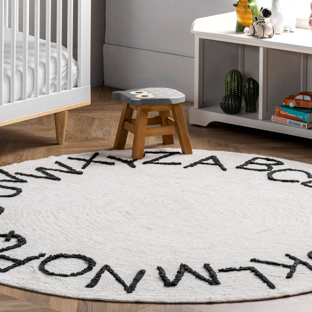 Washable Round Alphabet Rug, Blue, 6 ft