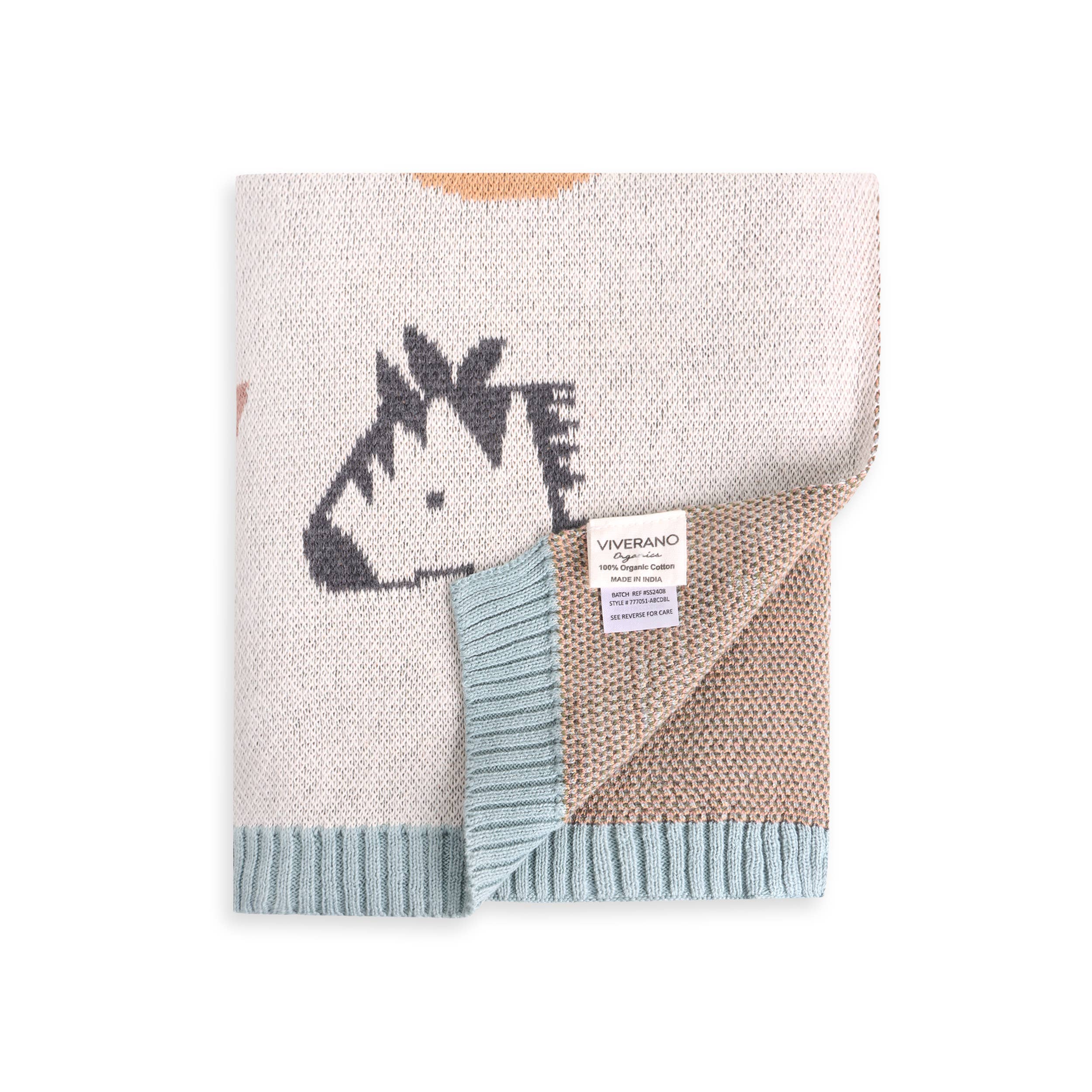 Alphabet Blue - Organic Jacquard Sweater Knit Baby Blanket: Natural/Blue