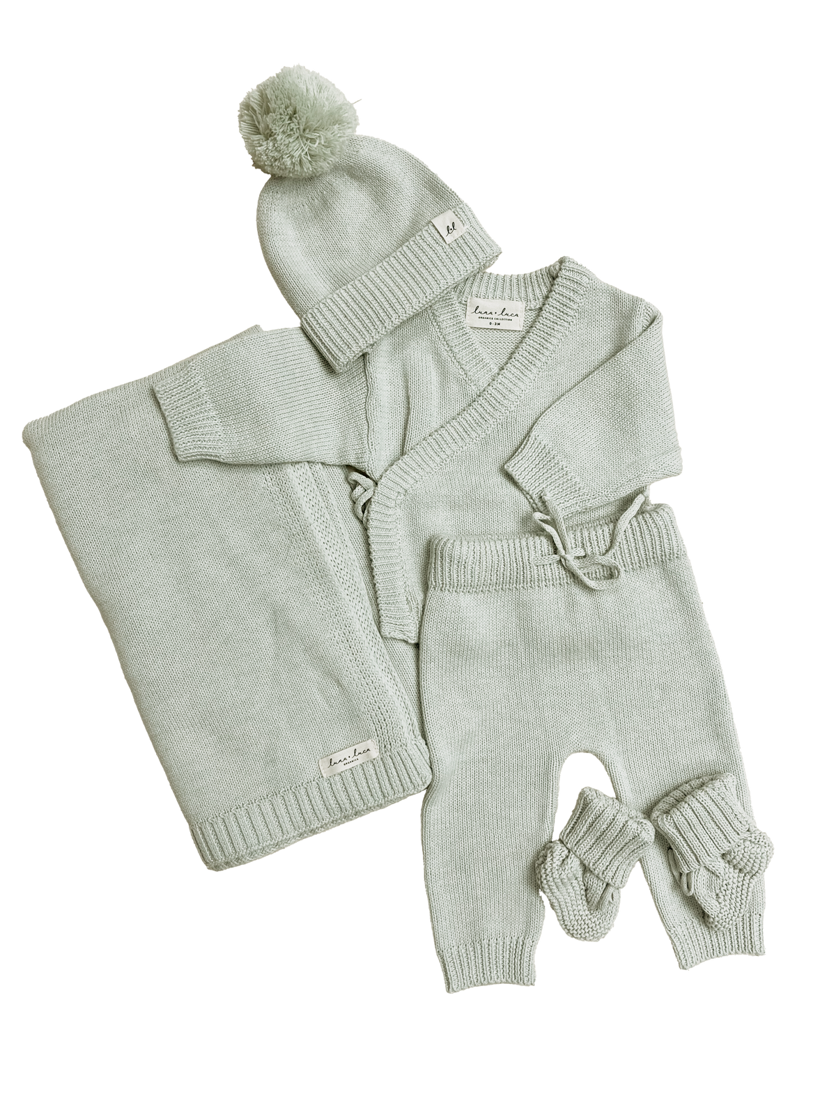 Bring Me Home Rib Set in Light Sage, the kimono top, pants, pom beanie, booties and blanket