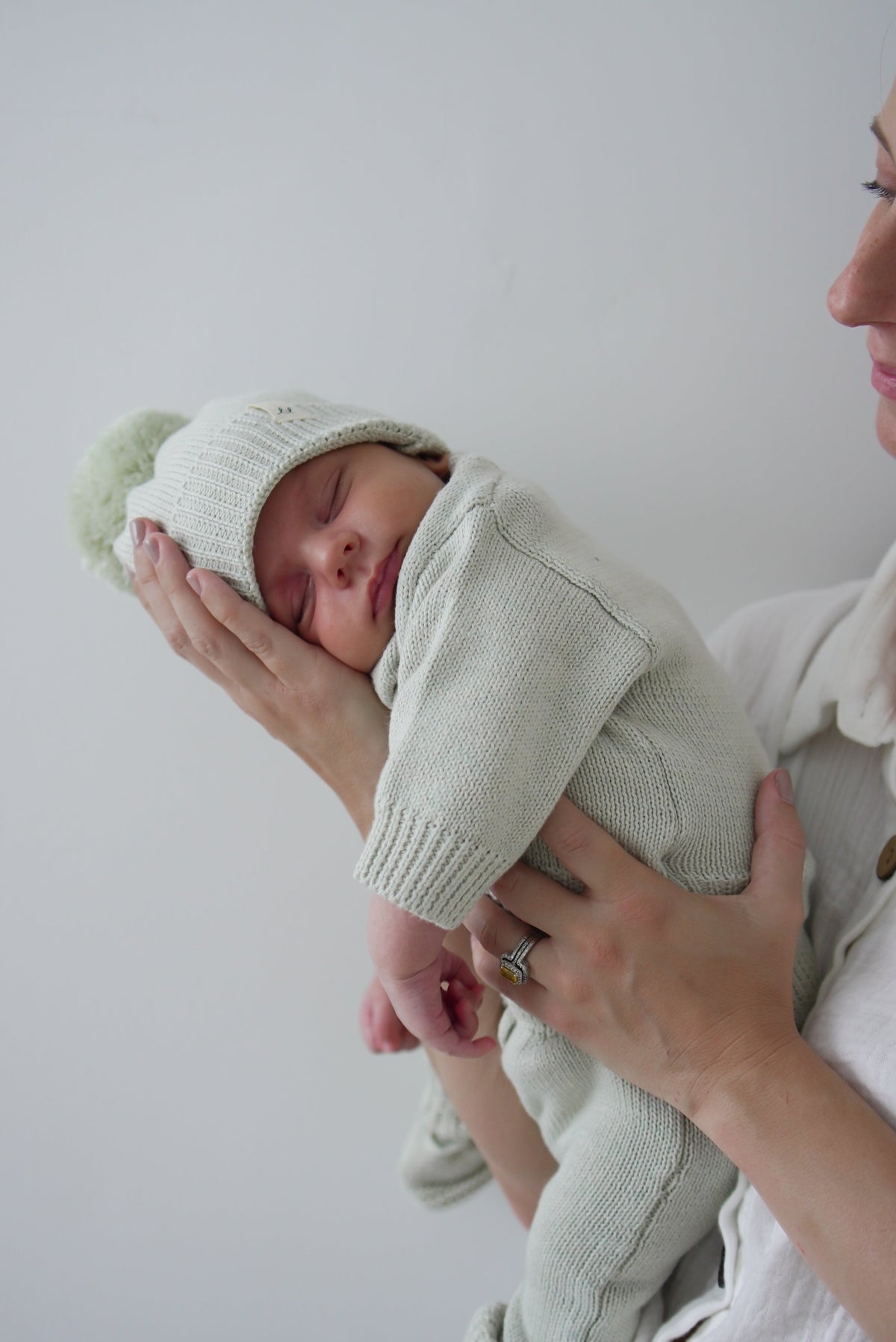 The rib knit shown close, organic cotton in Light Sage