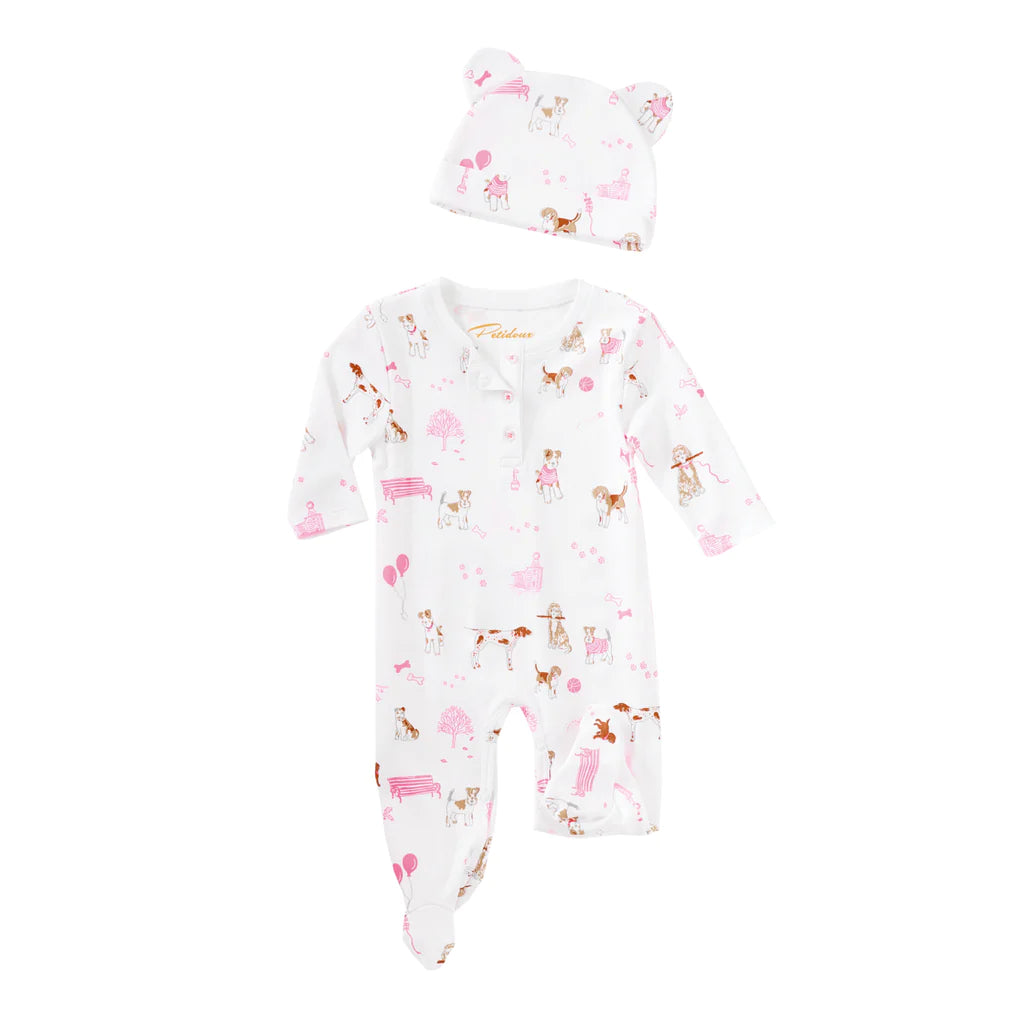 "Pawprints in the Park" Pink Dog Pima Baby Pajama Onesie