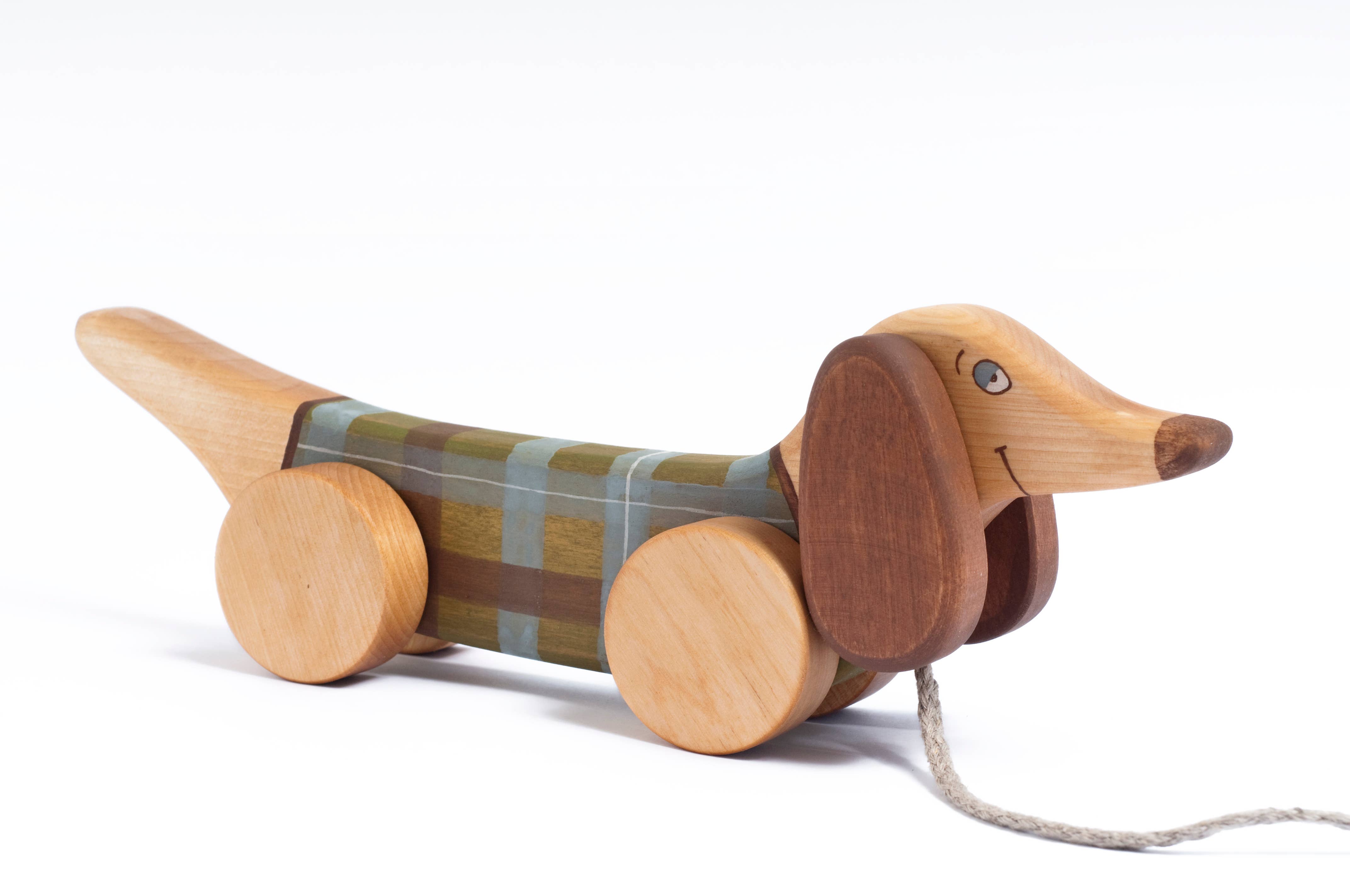 Handcrafted Birch Wood Green Sausage Dog Pull Toy