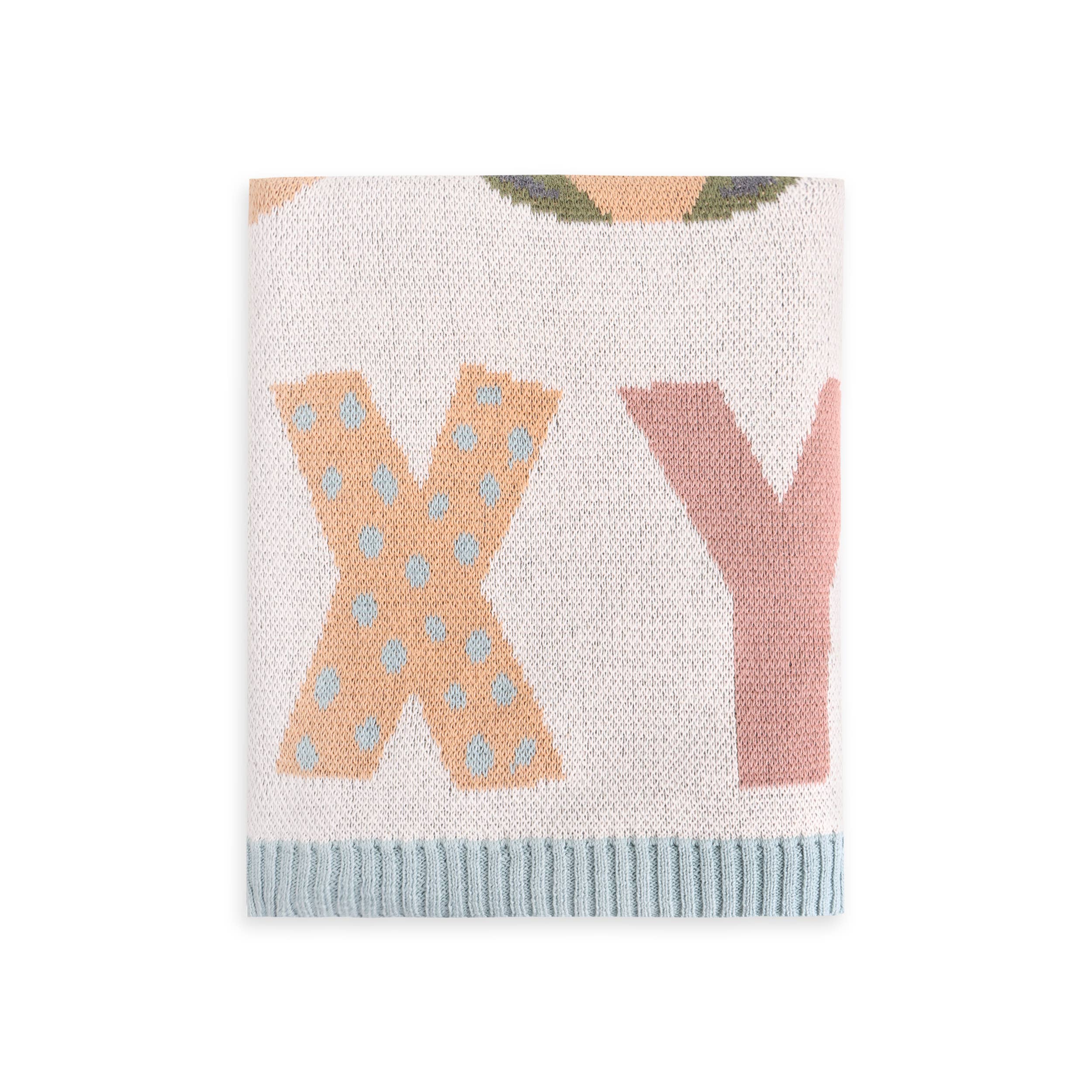 Alphabet Blue - Organic Jacquard Sweater Knit Baby Blanket: Natural/Blue