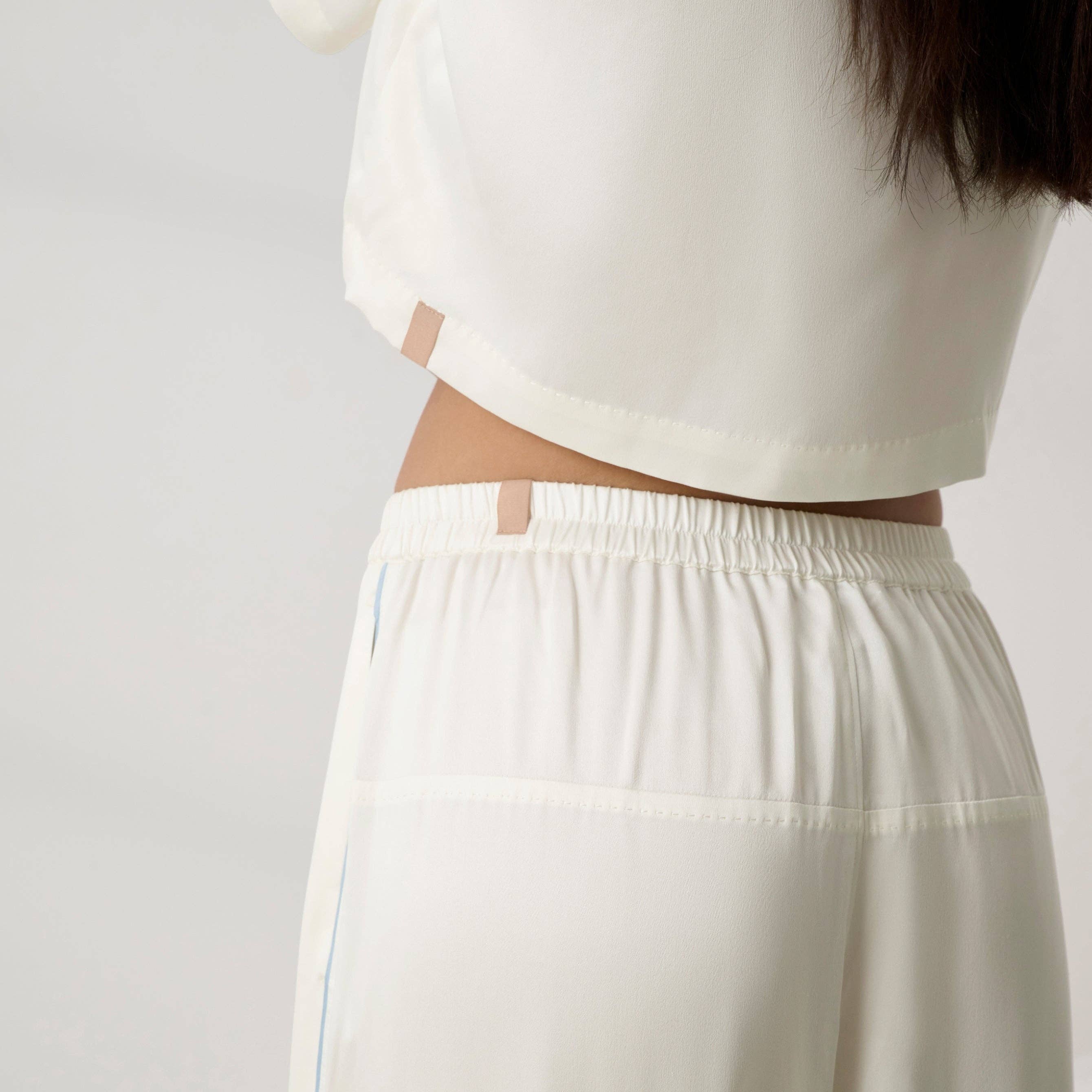 Washable Silk Piped High Rise Pant Set -Tranquil White/Frosted Lagoon
