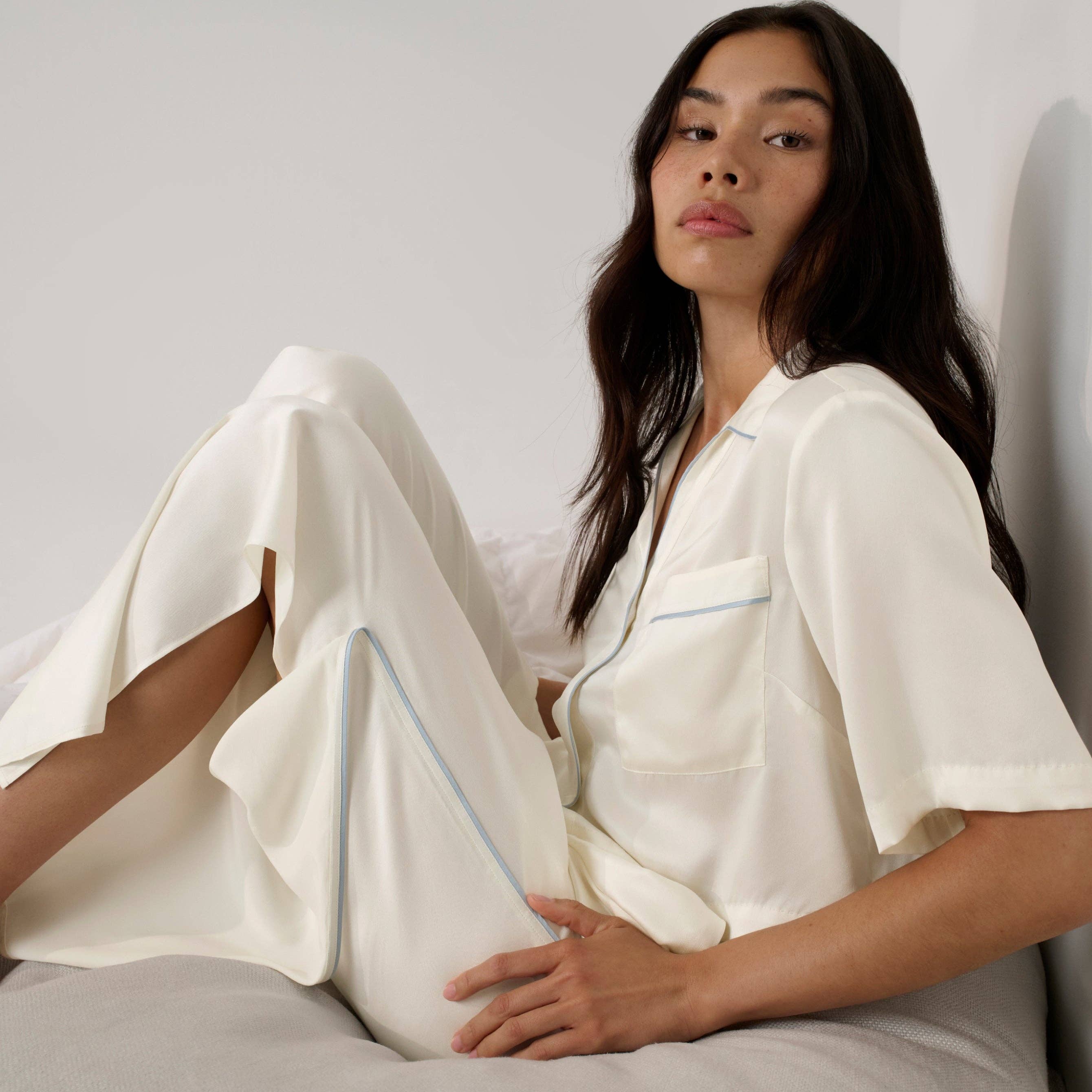 Washable Silk Piped High Rise Pant Set -Tranquil White/Frosted Lagoon