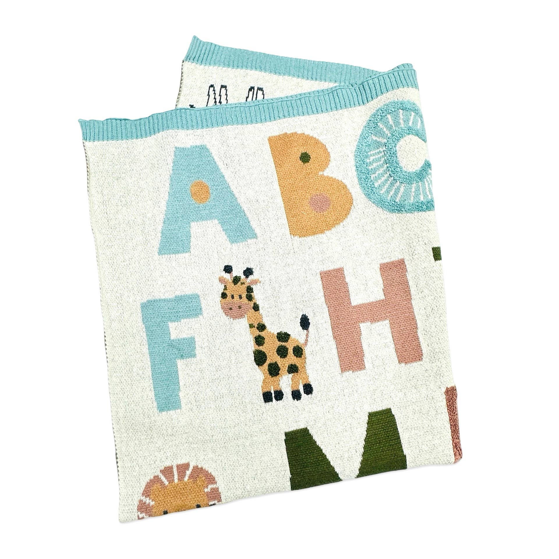 Alphabet Blue - Organic Jacquard Sweater Knit Baby Blanket: Natural/Blue