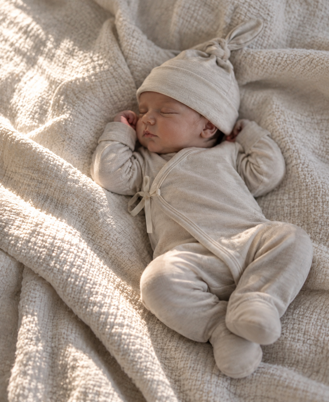 The First Sleep, a newborn asleep in morning light on a cream blanket