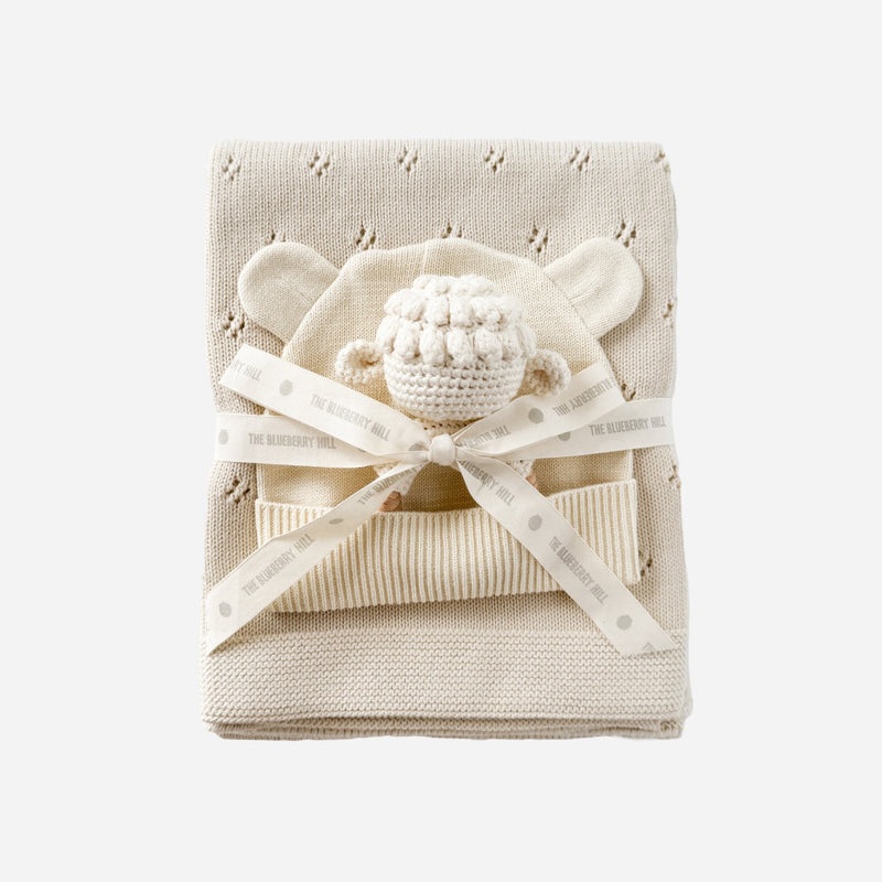 Pique Blanket, Hat and Lamb Teether Gift Set