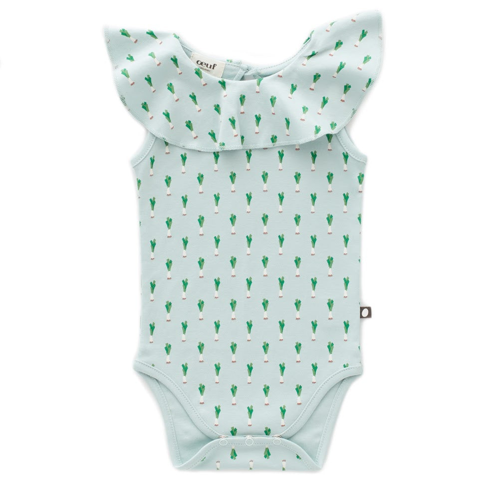 Sleeveless Ruffle Onesie Leek Print