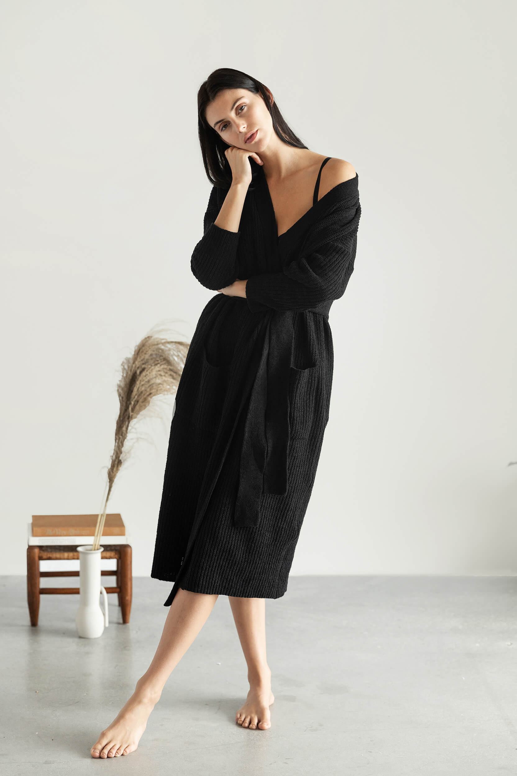 Nube Ribbed Long Cardigan - Caviar Black