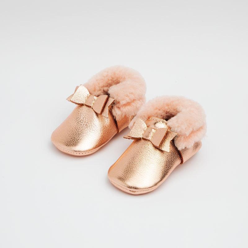 Shearling Bow Moccasin Mini Sole - Rose Gold
