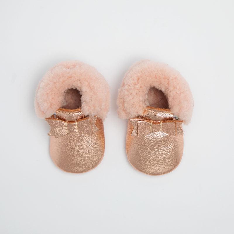 Shearling Bow Moccasin Mini Sole - Rose Gold