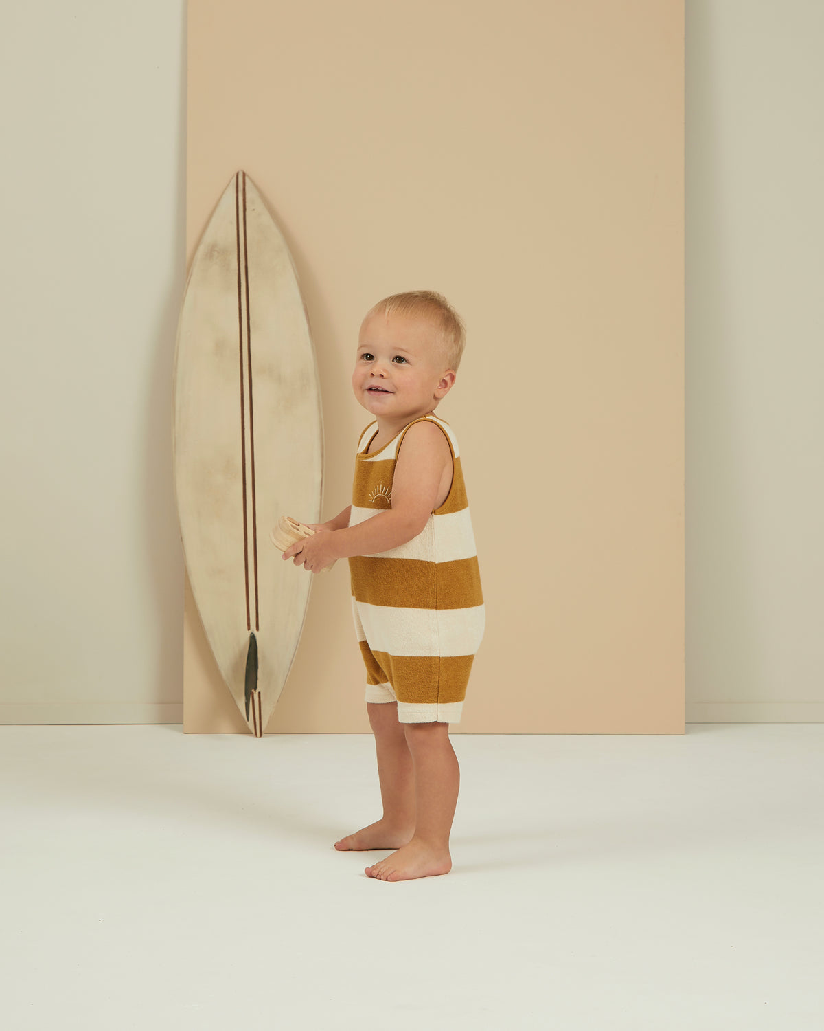 terry sleeveless romper | gold stripe