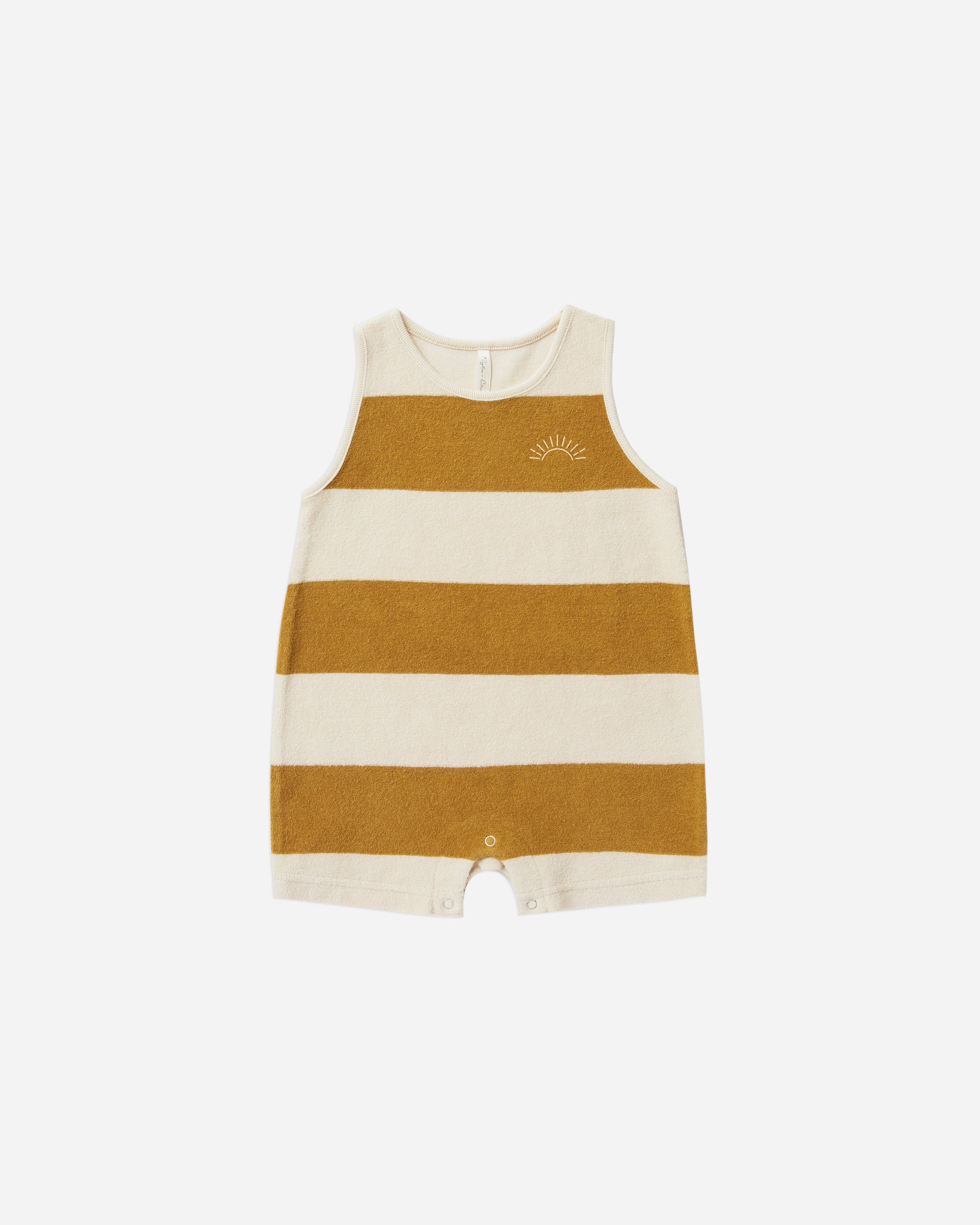 terry sleeveless romper | gold stripe
