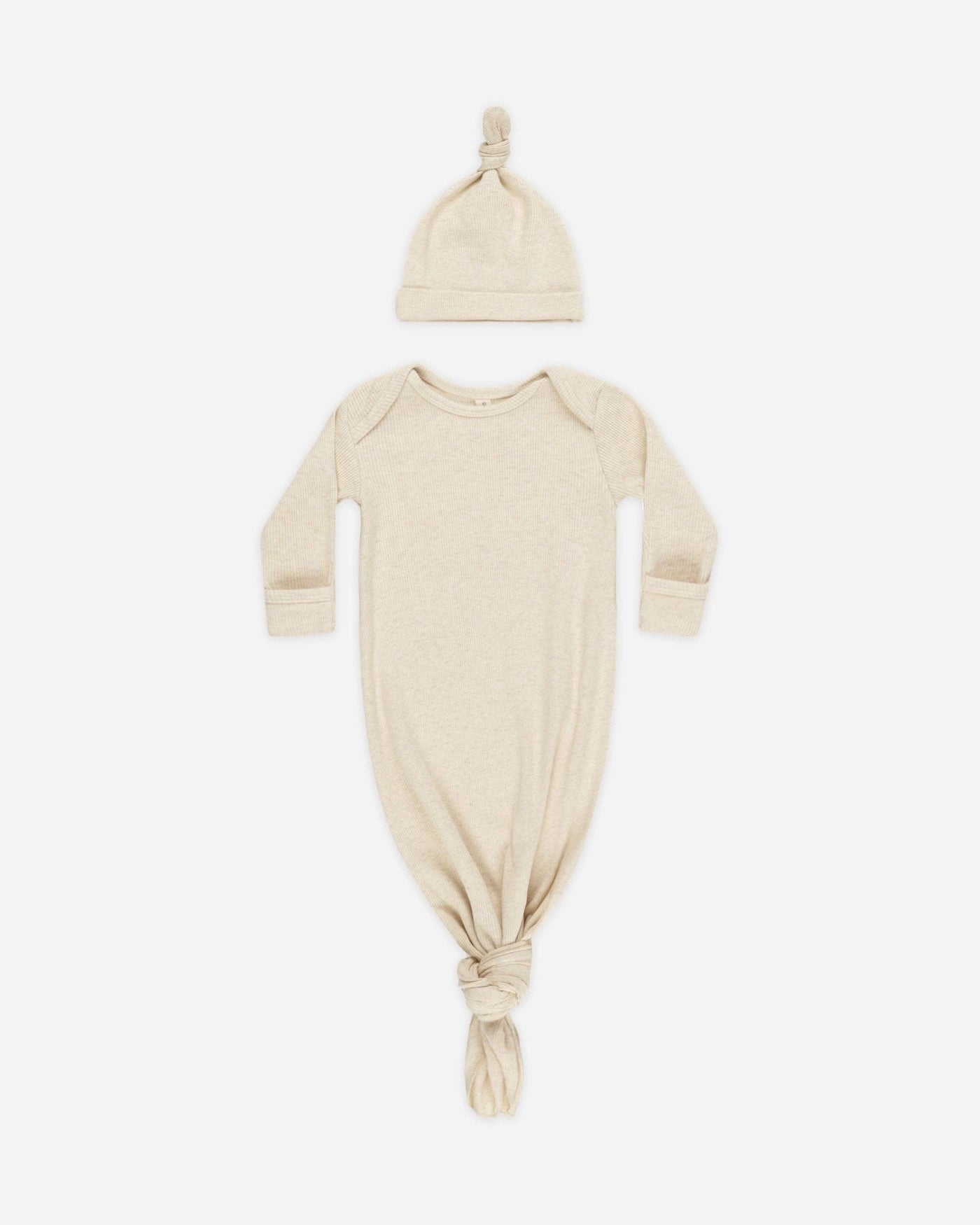 Quincy Mae knotted baby gown and hat in oatmeal ribbed melange knit