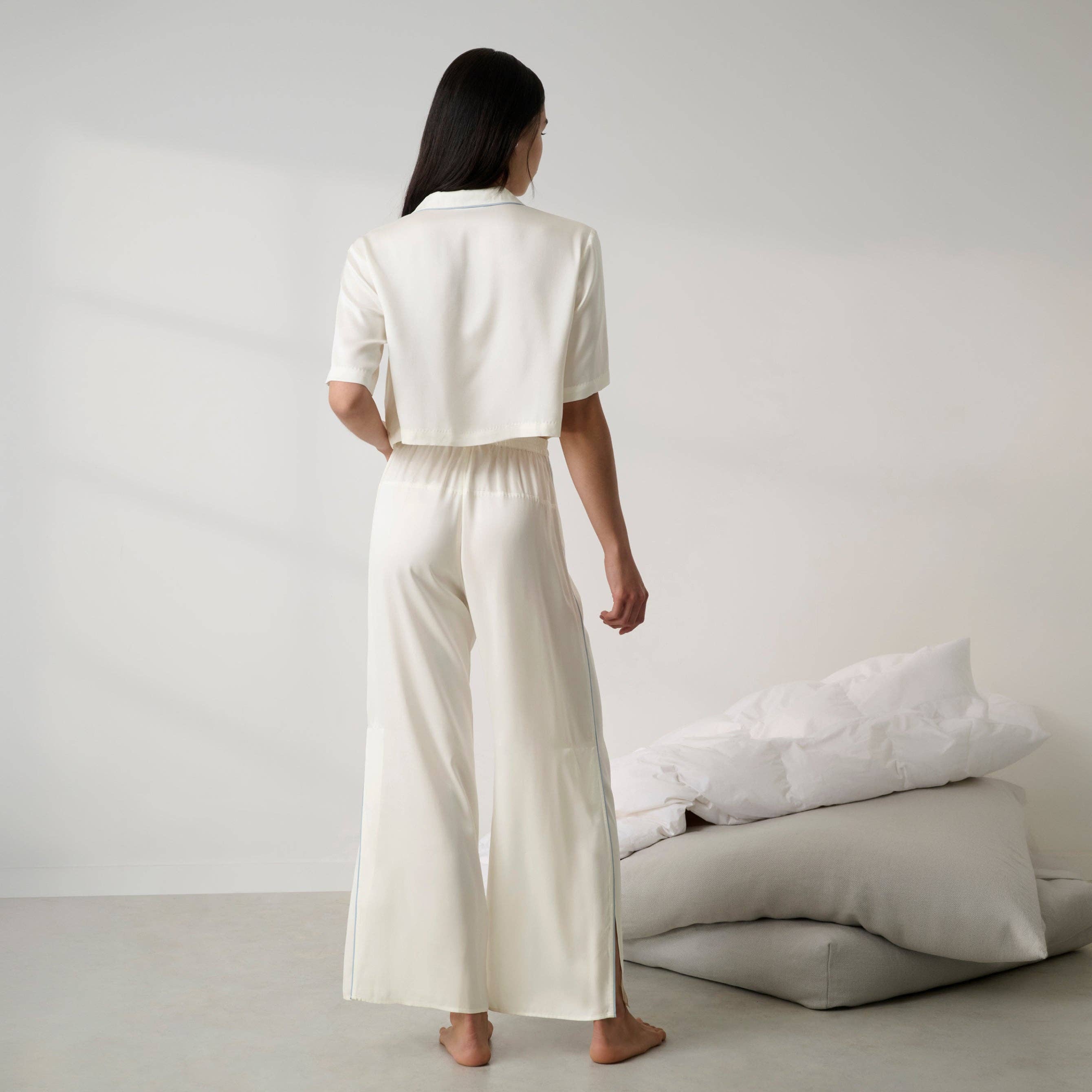Washable Silk Piped High Rise Pant Set -Tranquil White/Frosted Lagoon