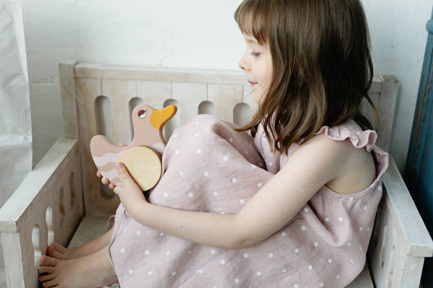 Handcrafted Birch Wood Pink Duck Pull Toy