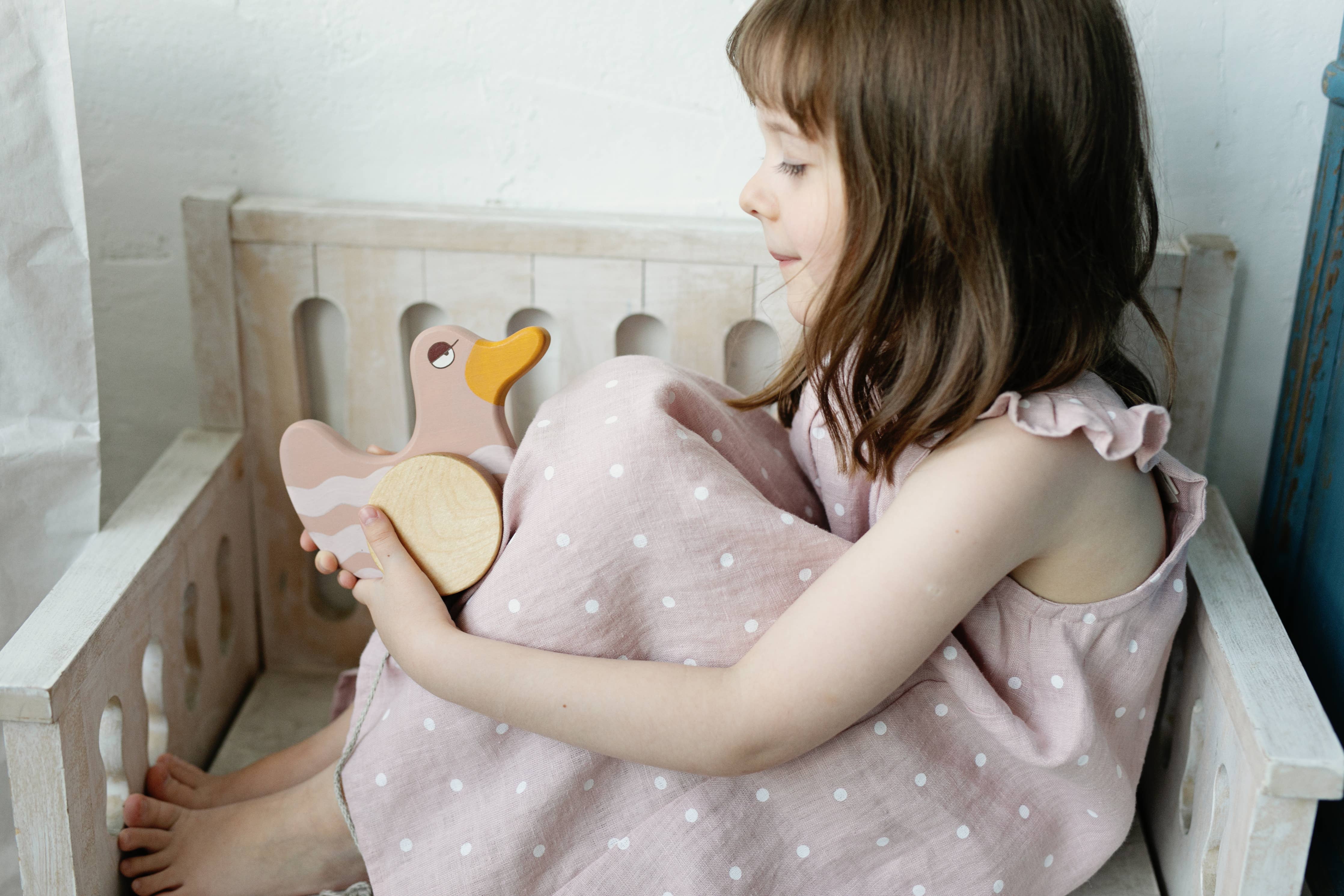 Handcrafted Birch Wood Pink Duck Pull Toy