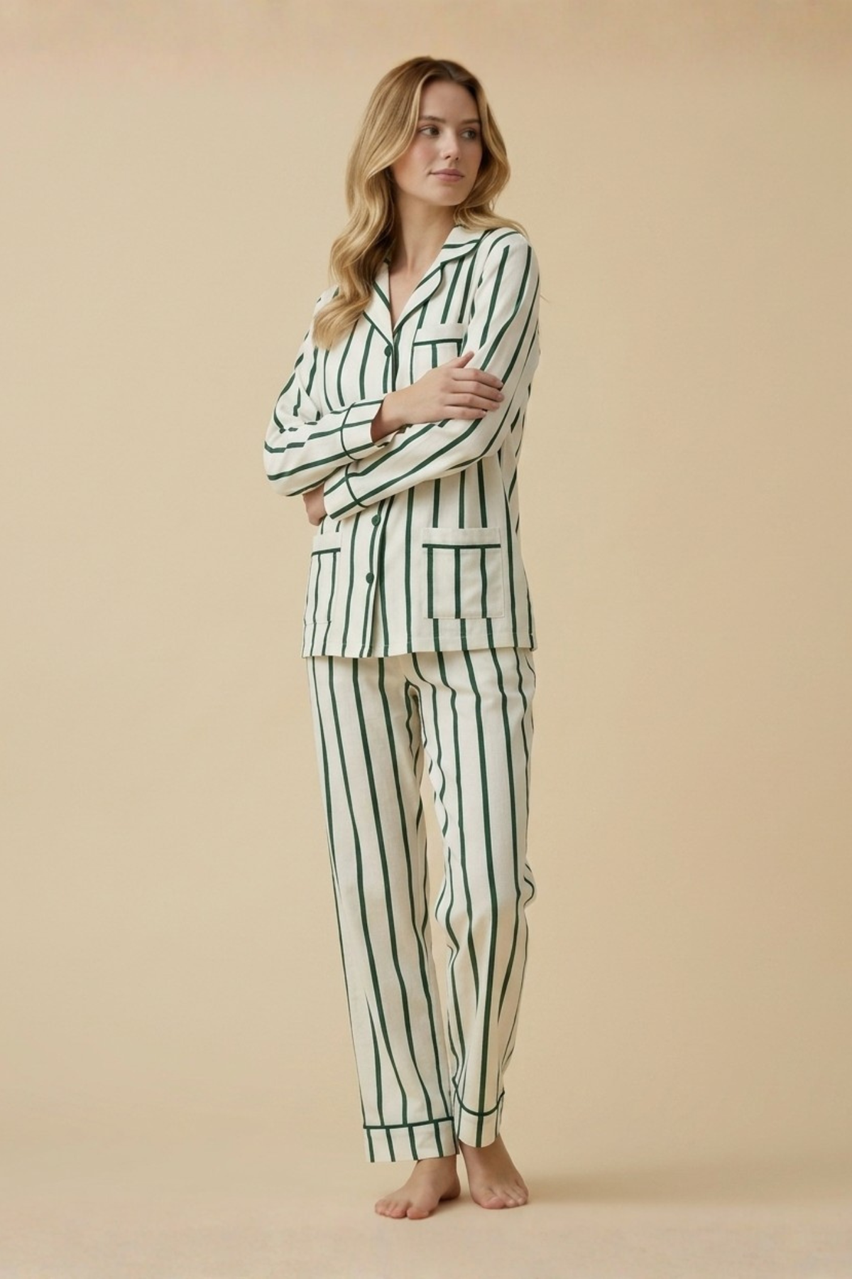 KIP Luxe Stretch Cotton Pajama Set in pine stripe