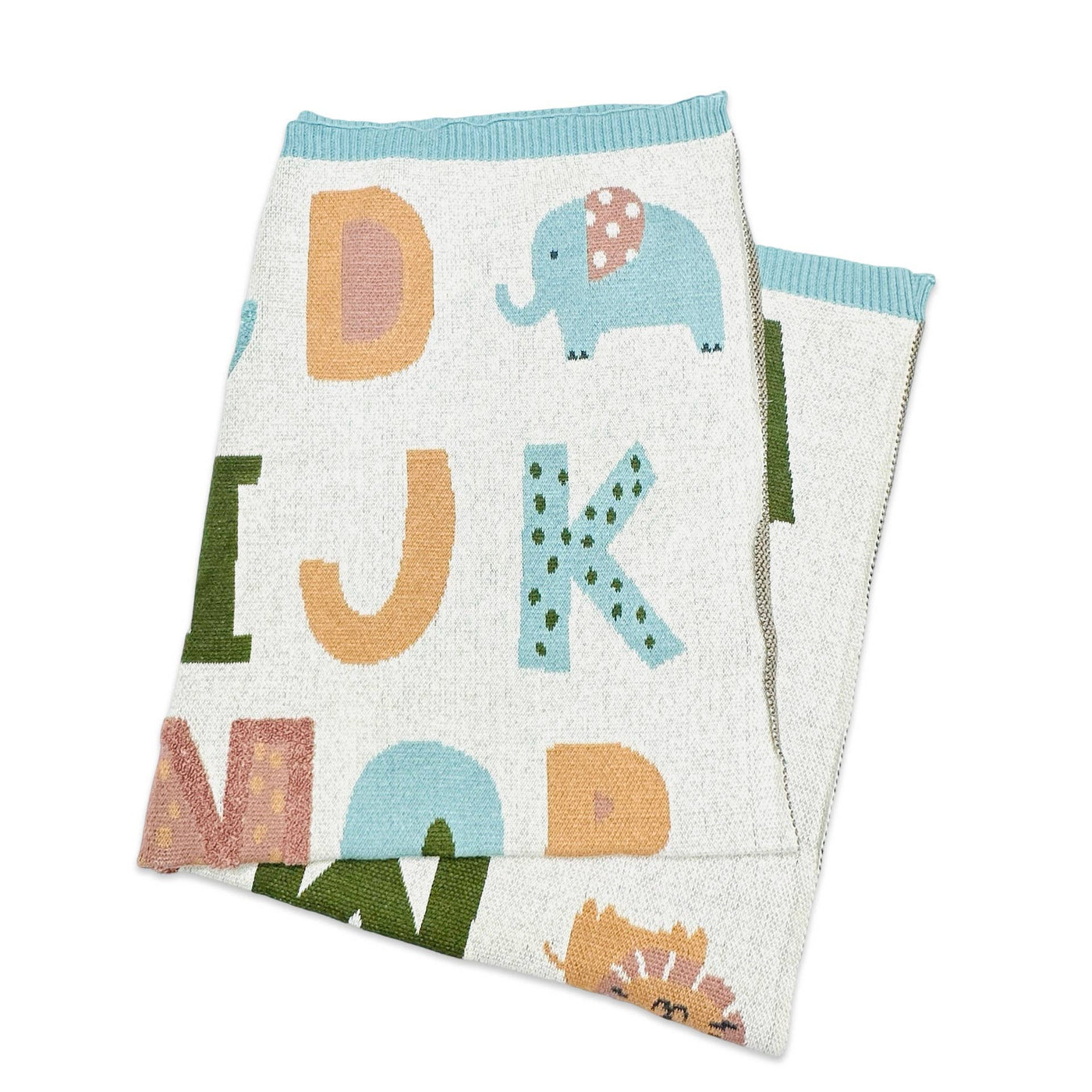 Alphabet Blue - Organic Jacquard Sweater Knit Baby Blanket: Natural/Blue