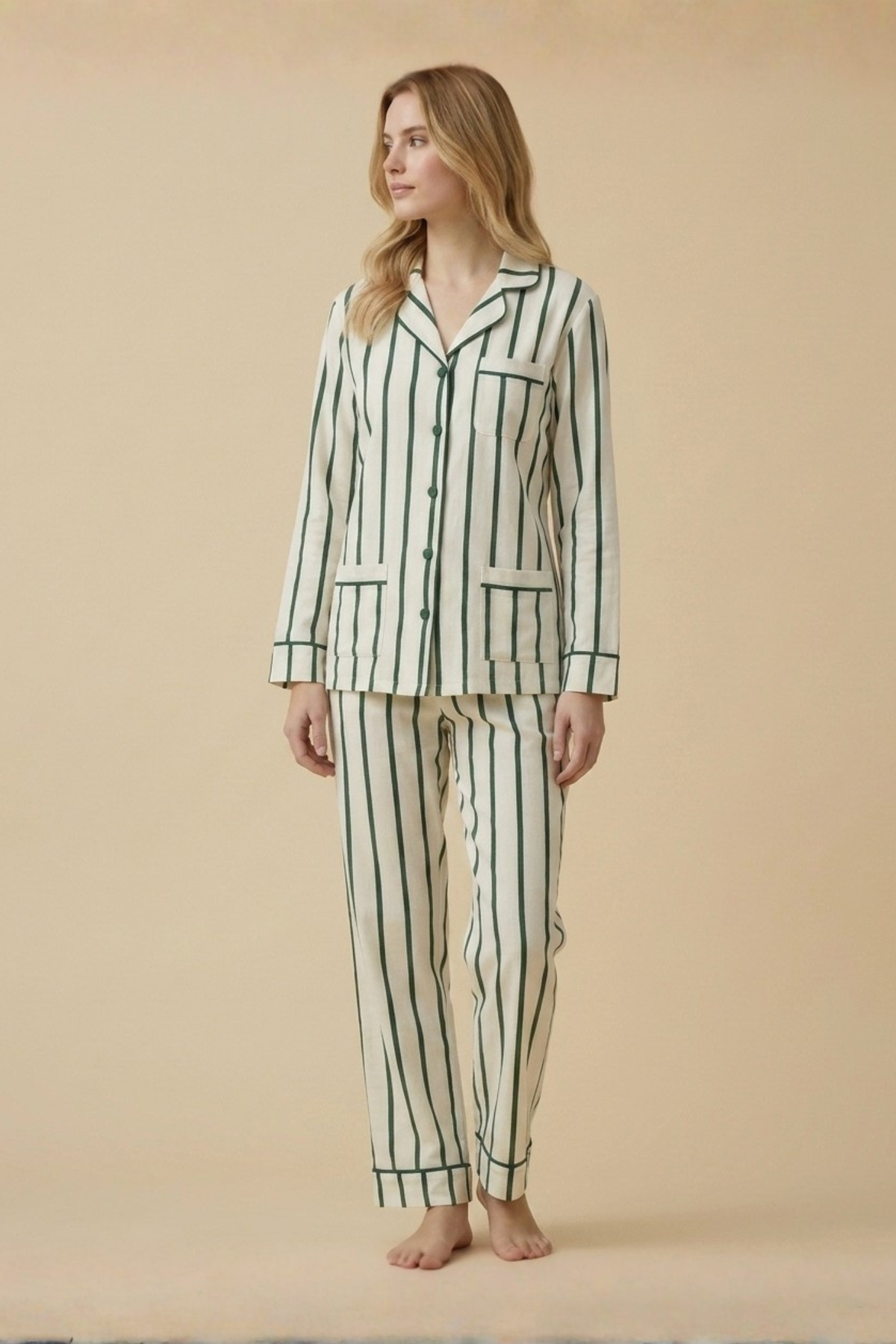 KIP Luxe Stretch Cotton Pajama Set in pine stripe