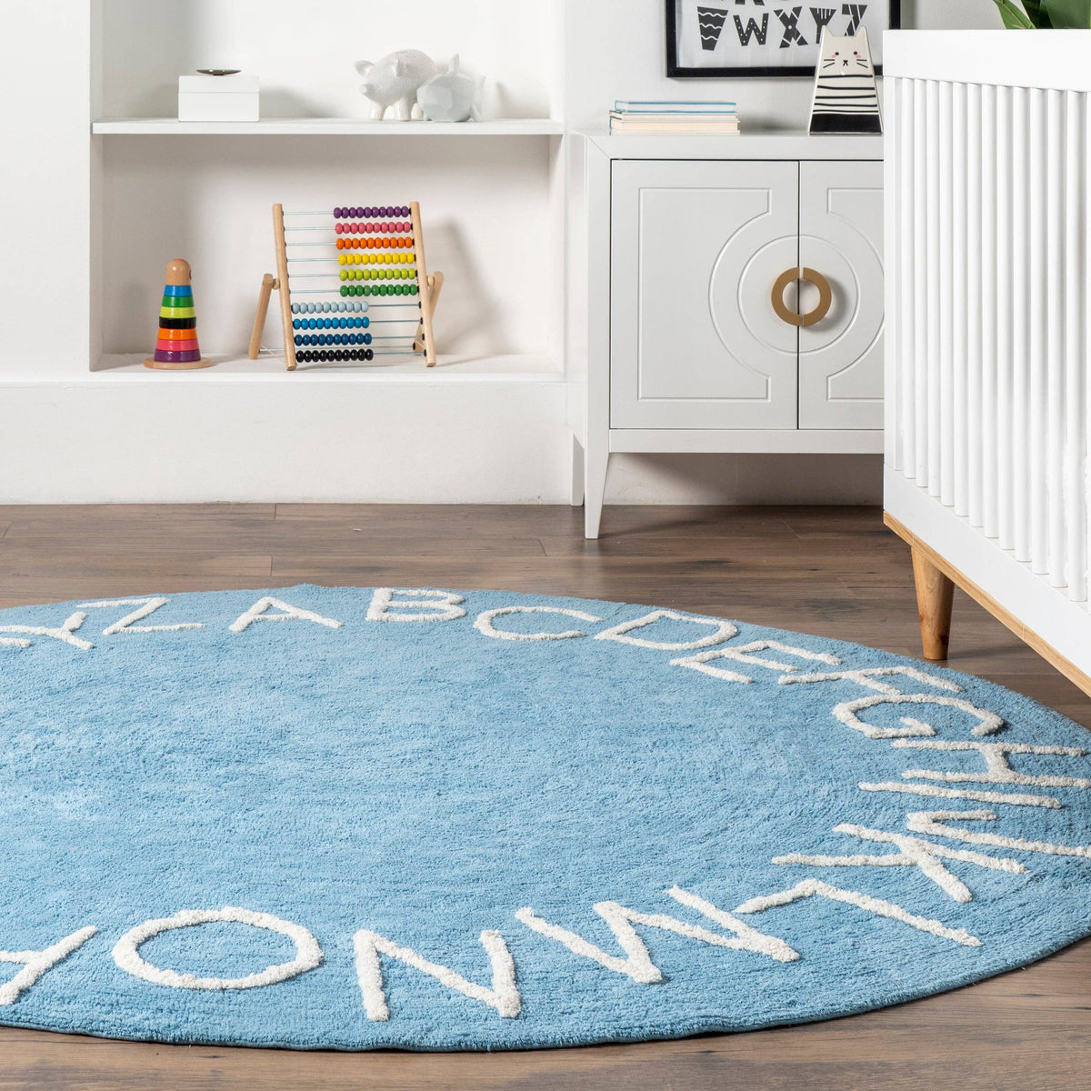 Washable Round Alphabet Rug, Blue, 6 ft