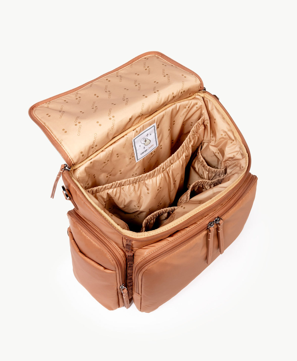 Caraa Baby Bag Large in Mocha Mousse, open to show the compartments