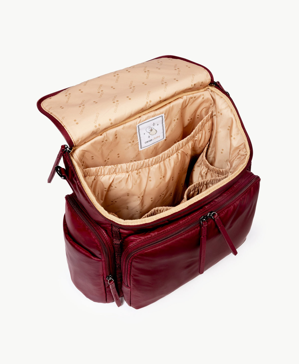 Caraa Baby Bag Large in Tawny Port, open to show the lining