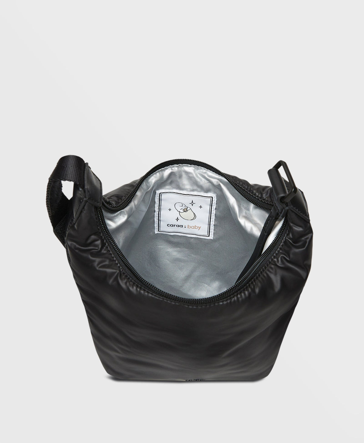 Caraa Baby Bottle Bag in Black, open to show the insulated lining