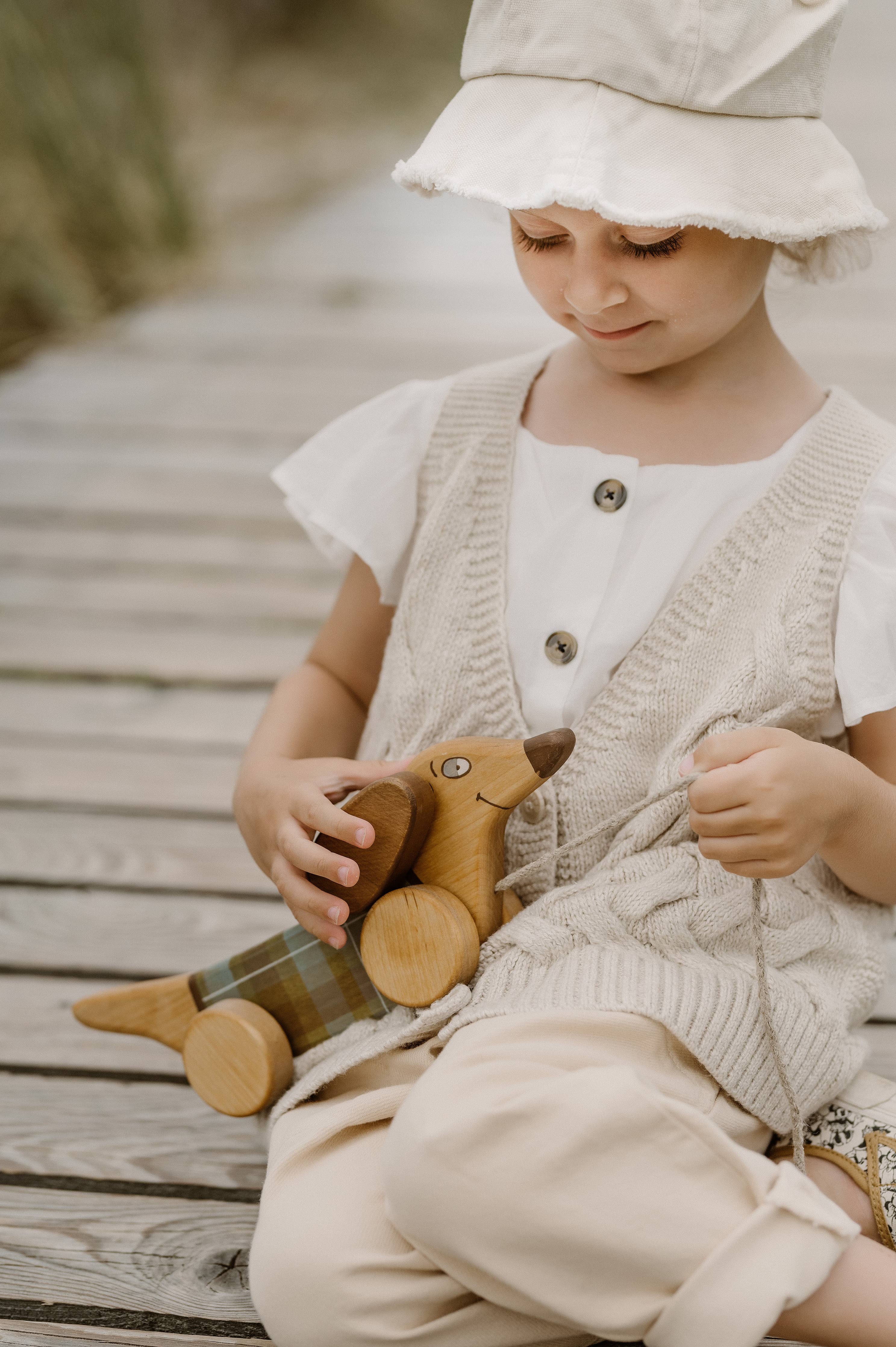 Handcrafted Birch Wood Green Sausage Dog Pull Toy