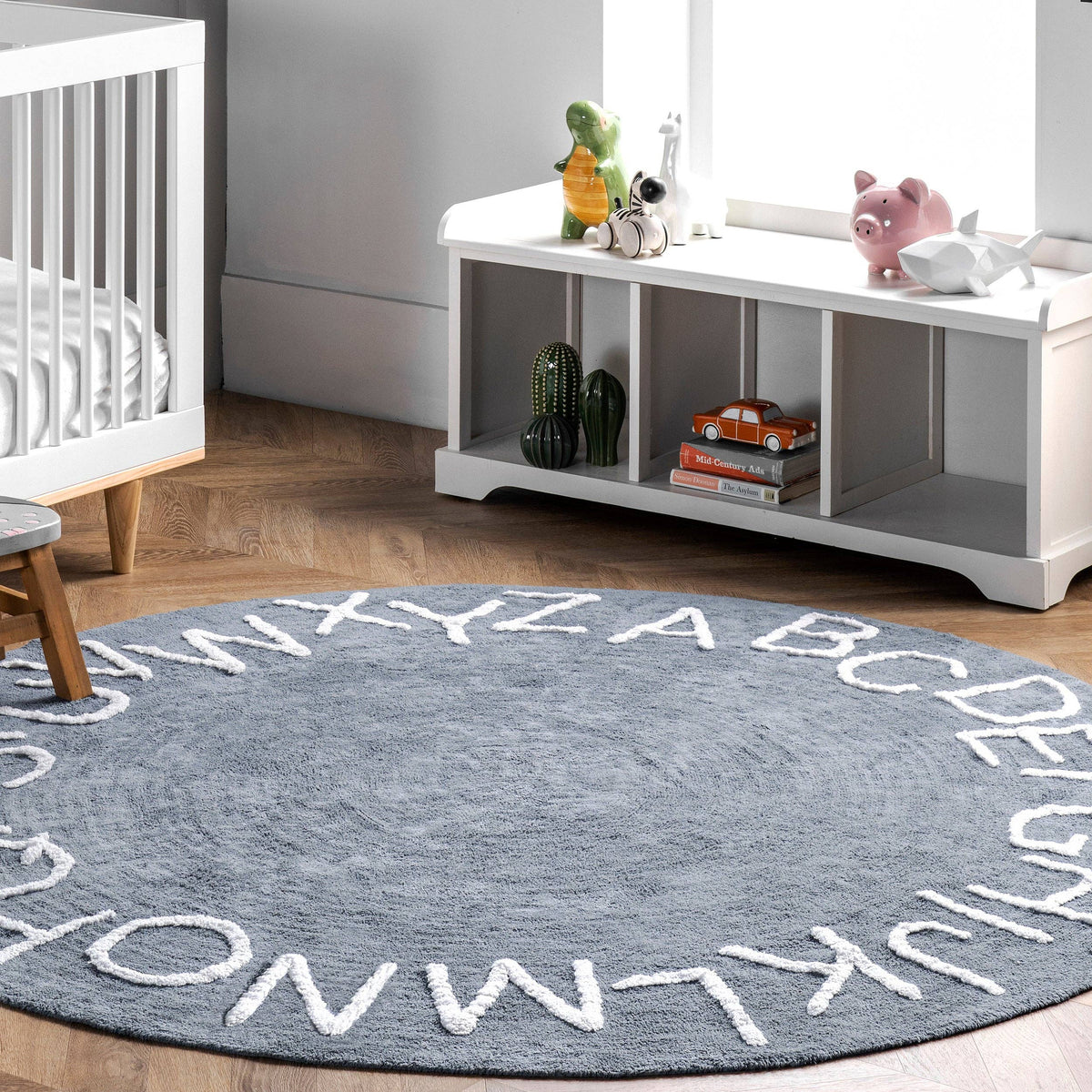 Washable Round Alphabet Rug, Blue, 6 ft