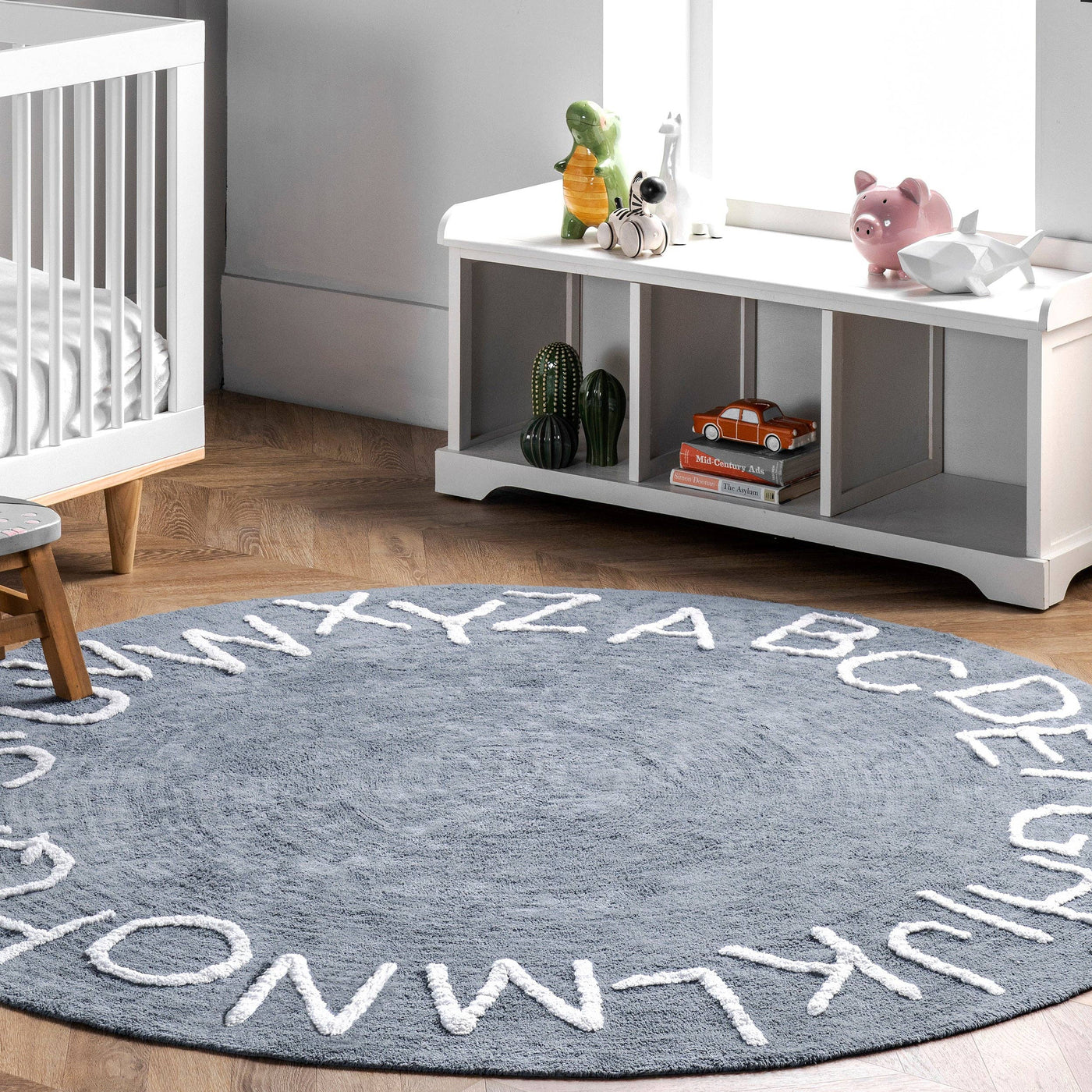 Kids Washable Round Alphabet Rug (Blue) - Round 6'