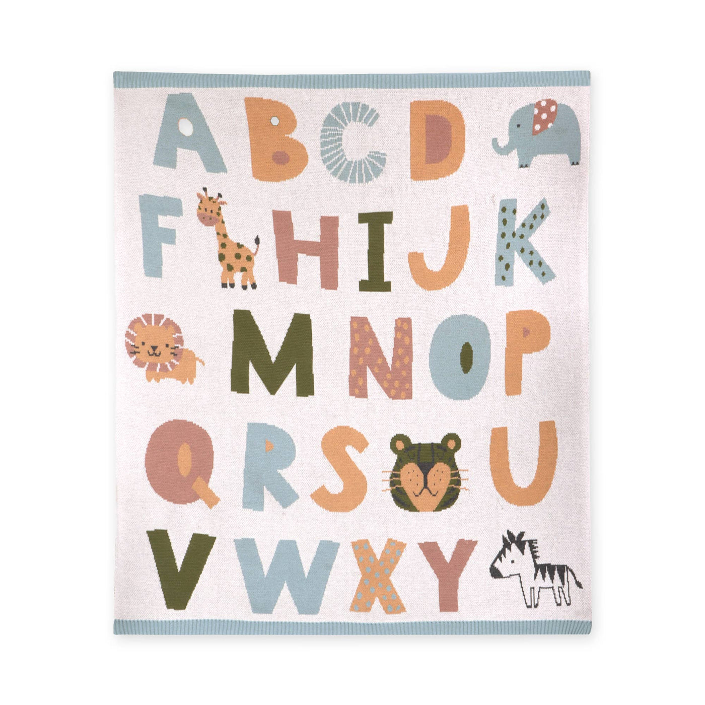 Alphabet Blue - Organic Jacquard Sweater Knit Baby Blanket: Natural/Blue