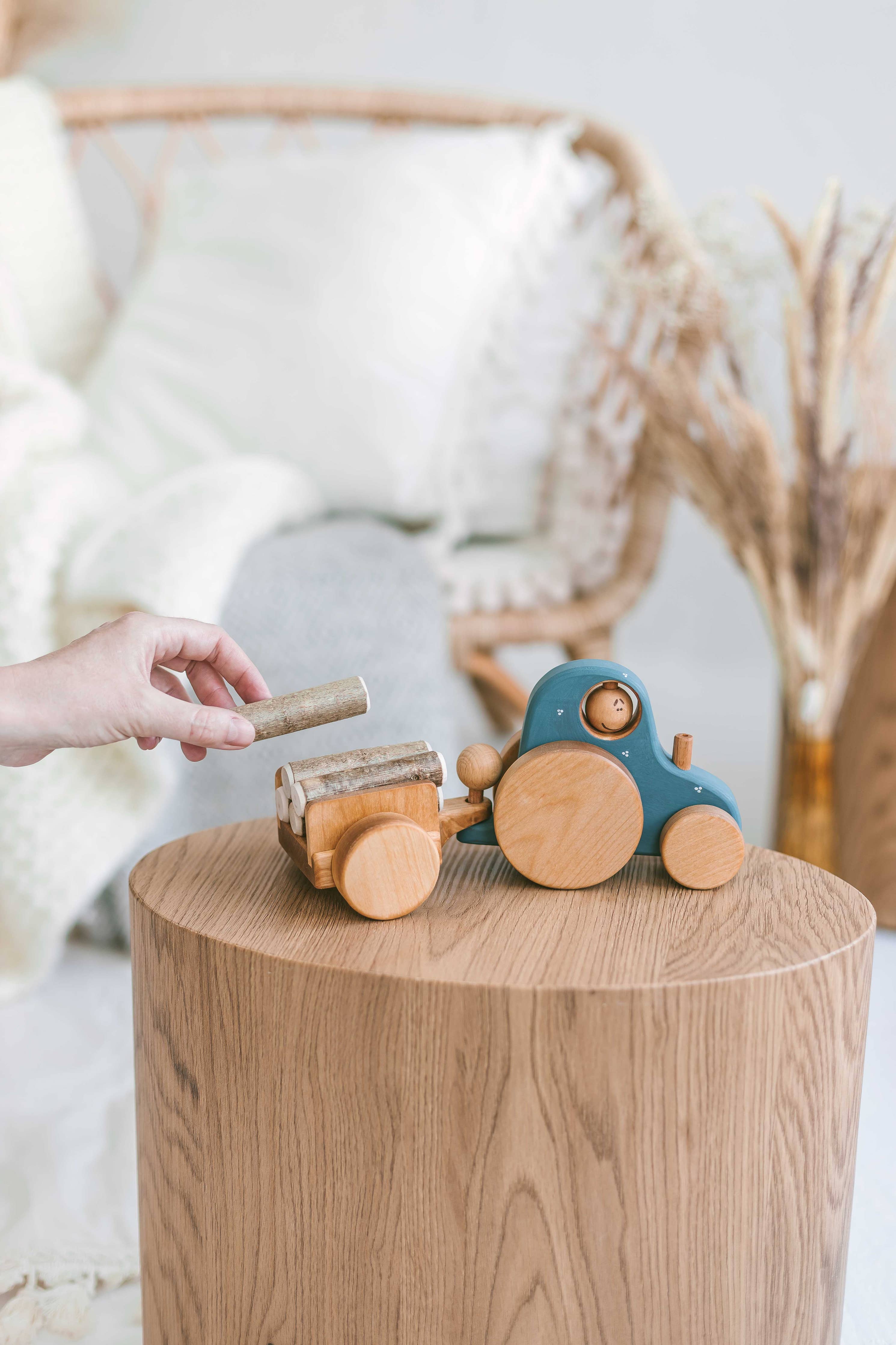 Handmade Wooden Toy, a Tractor: Moody Blue