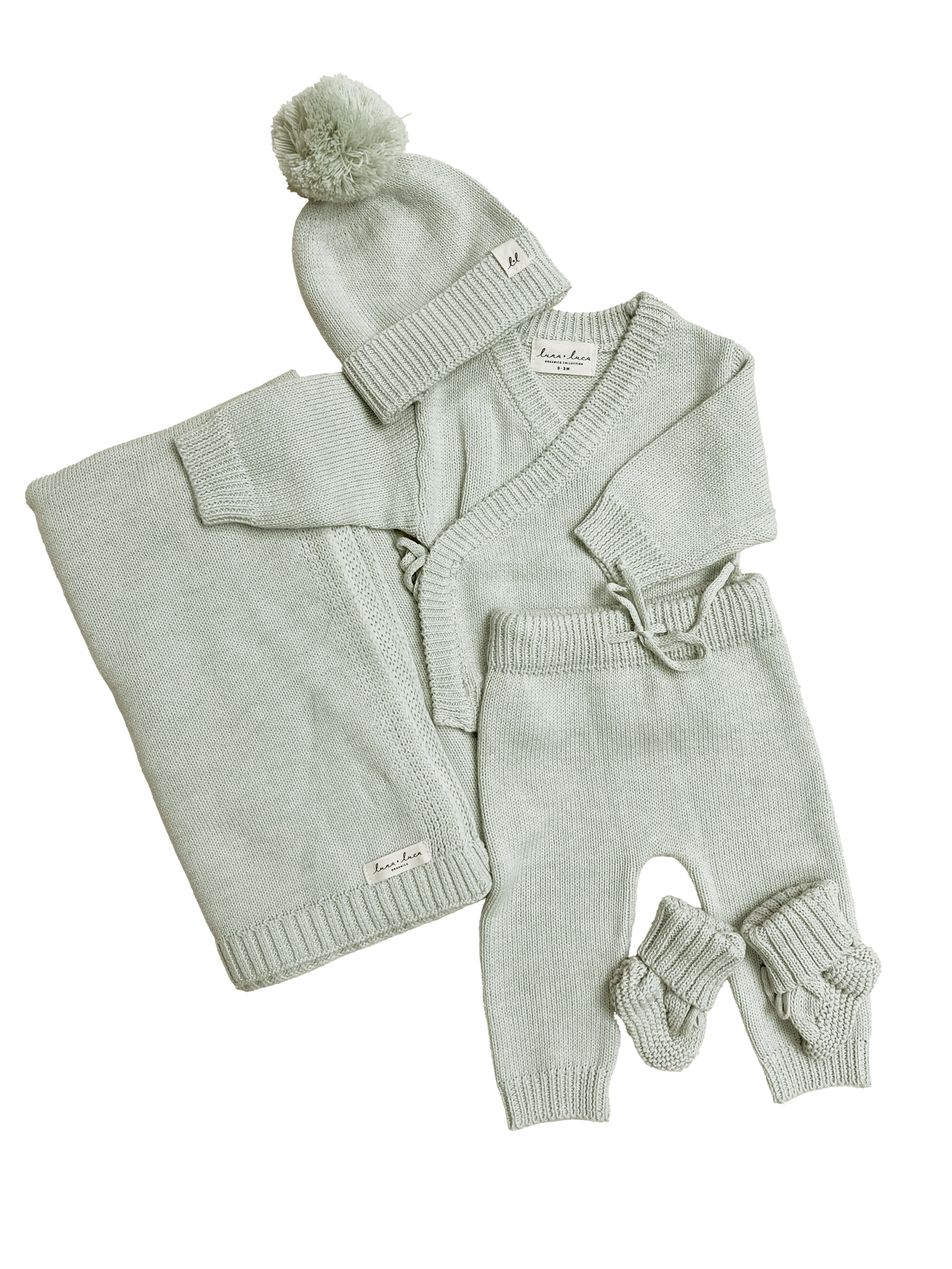 Bring Me Home Rib Set in Light Sage, the kimono top, pants, pom beanie, booties and blanket