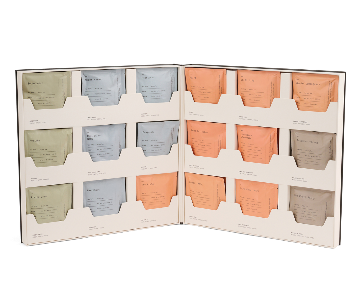 Dona Tea Library, open box showing the tea sachets