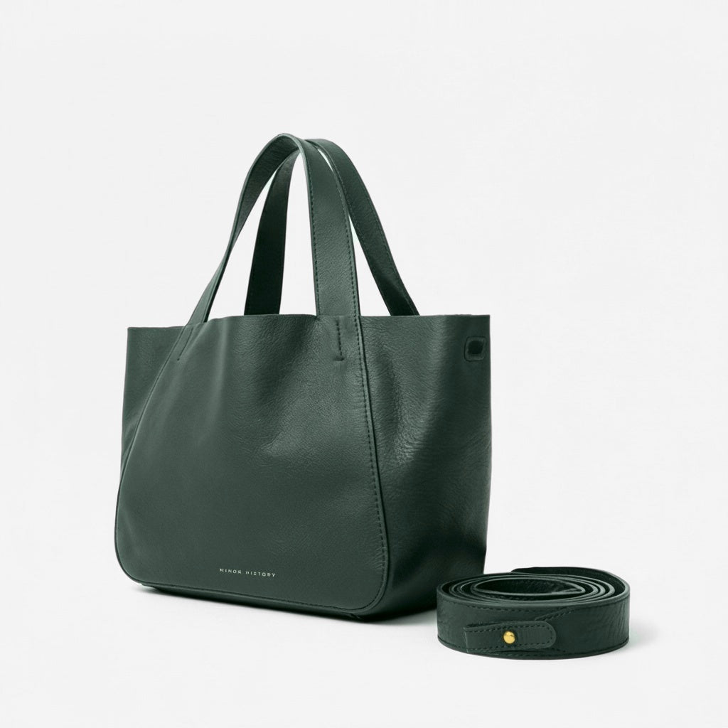 Minor History Little Times Tote in evergreen, with the strap detached