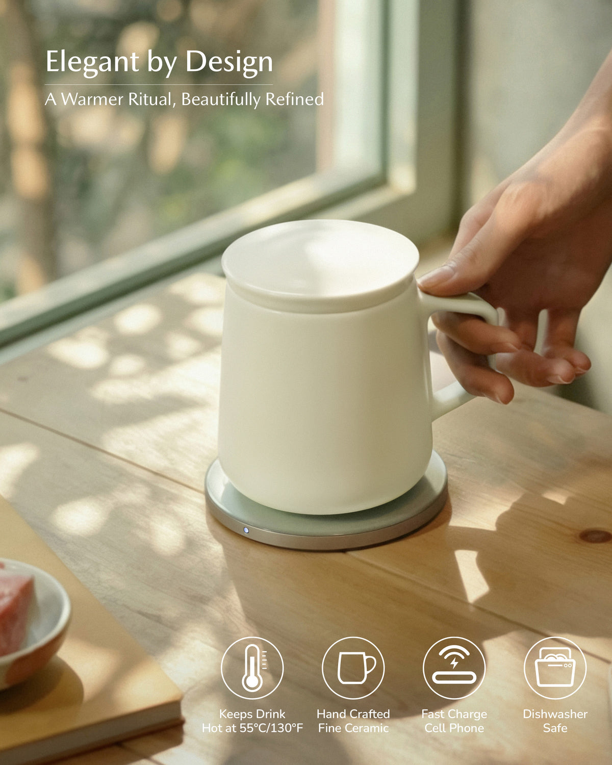 OHOM Neo Self-Heating Mug Set in jasmine white, on a table