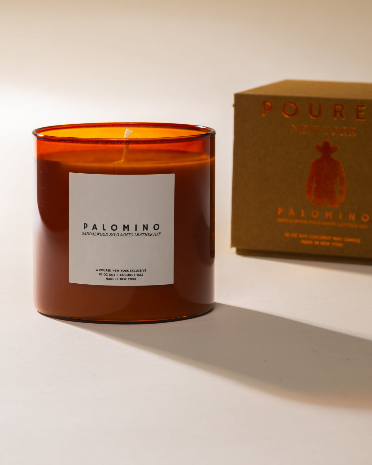 Poured New York Palomino candle with its box
