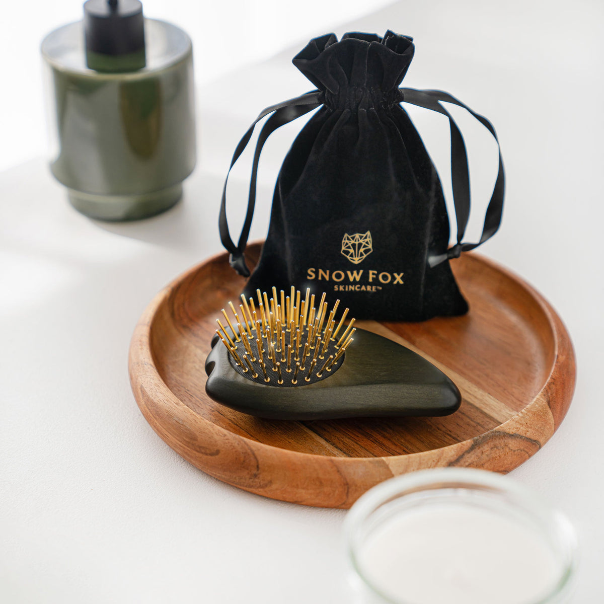 Snow Fox Compact Gua Sha Brush, carved maple detail
