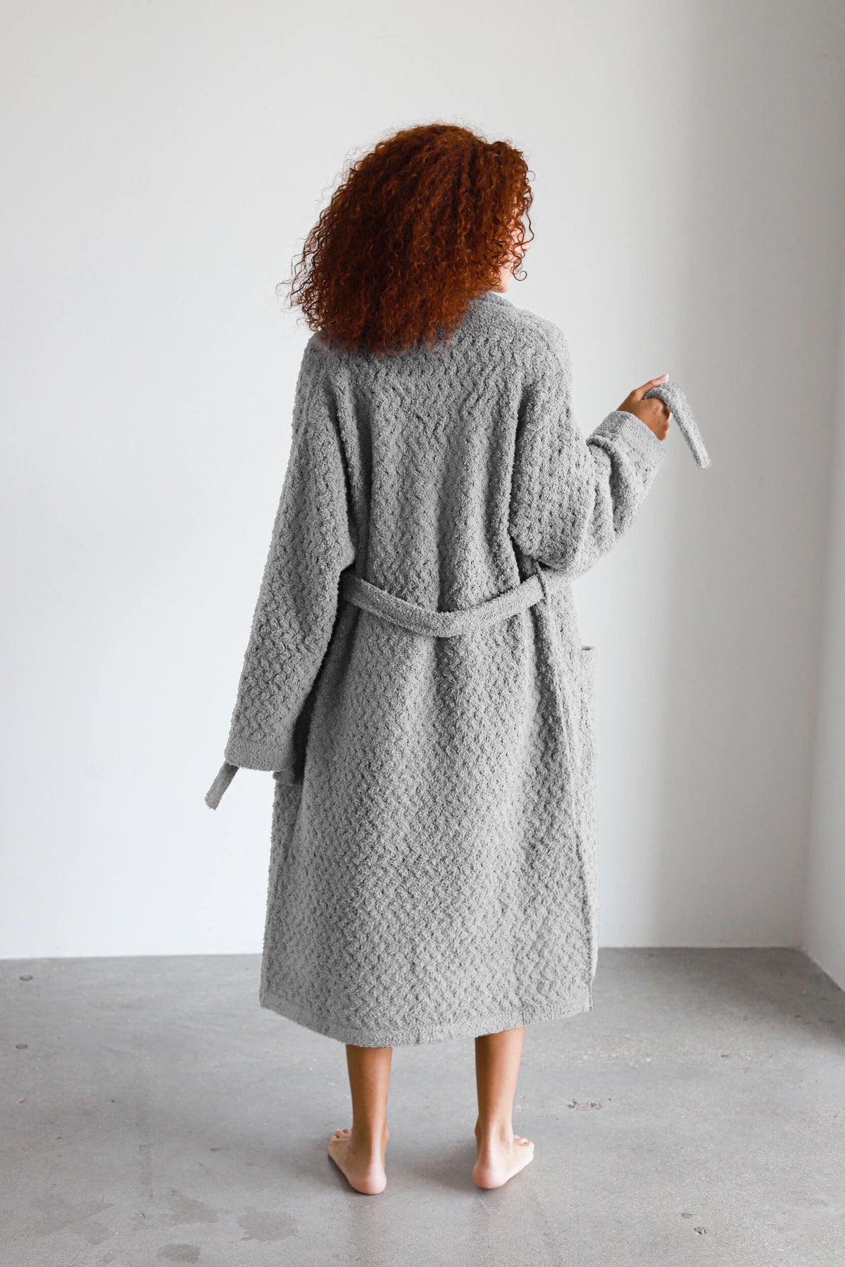 Sunday Citizen Snug Waffle Robe in cloud gray, worn