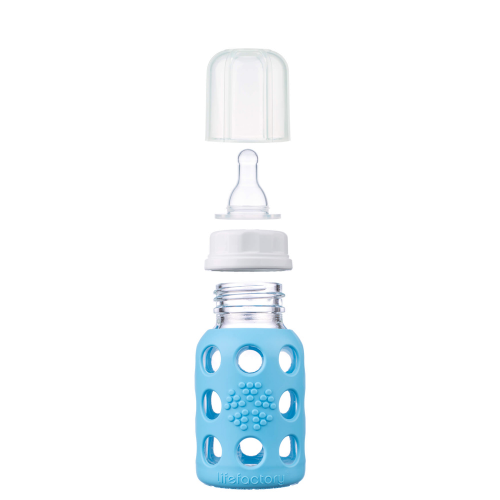 4oz Glass Baby Bottle - Stage 1 Nipple, Stopper, and Cap: Sky