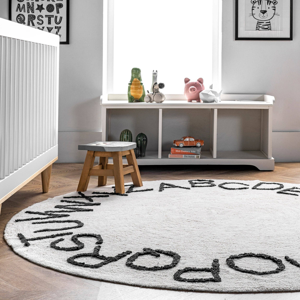 Kids Washable Round Alphabet Rug (Blue) - Round 6'