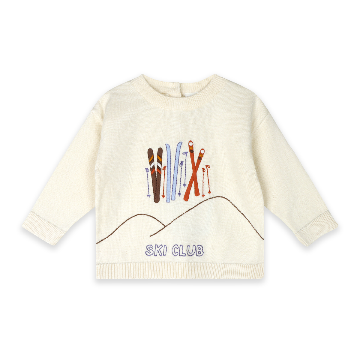 Ski Club embroidered baby knit pullover in ecru, front